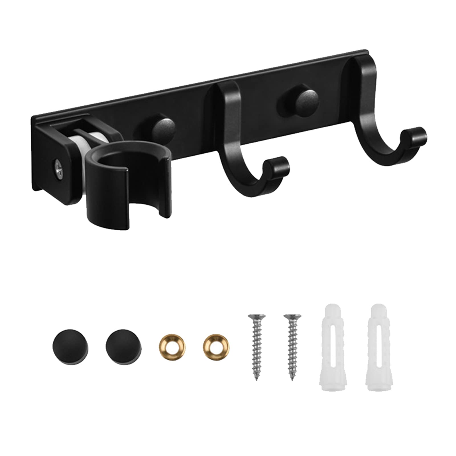 AUSTY 2 in 1 Wall Mounted Adjustable Shower Head Holder with 2 Hanging Hooks - Bathroom Organizer for Shower Wand, Towel & Bath Brush (Black, Style 1) | Perfect for Small Bathrooms & Space Saving Solutions