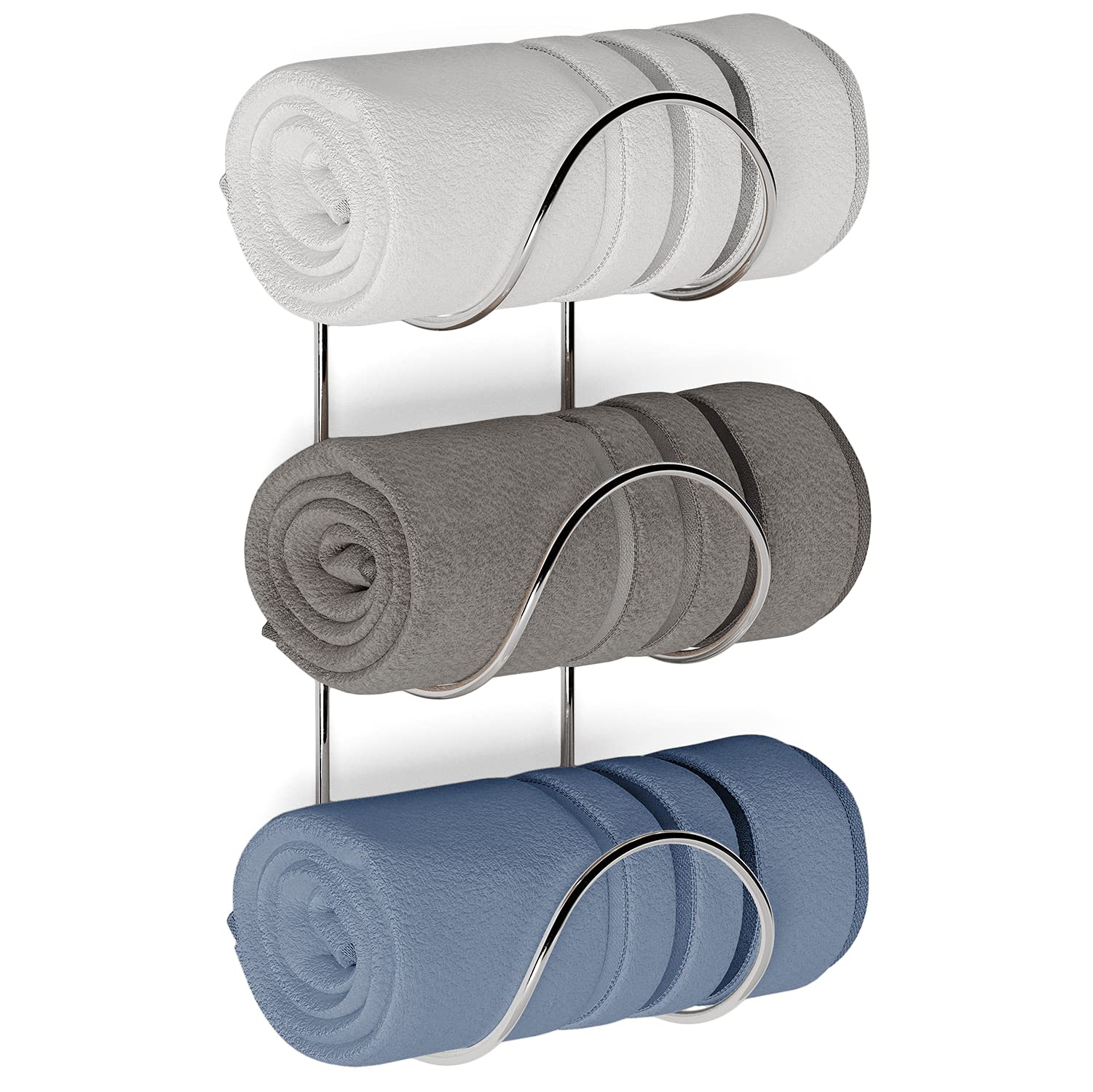 Wall Mounted Bathroom Towel Rack Organizer - 3 Section Chrome Round Towel Holder for Bath & Hand Towels | Space Saving Bathroom Storage Solution for Small Spaces & Apartment Living