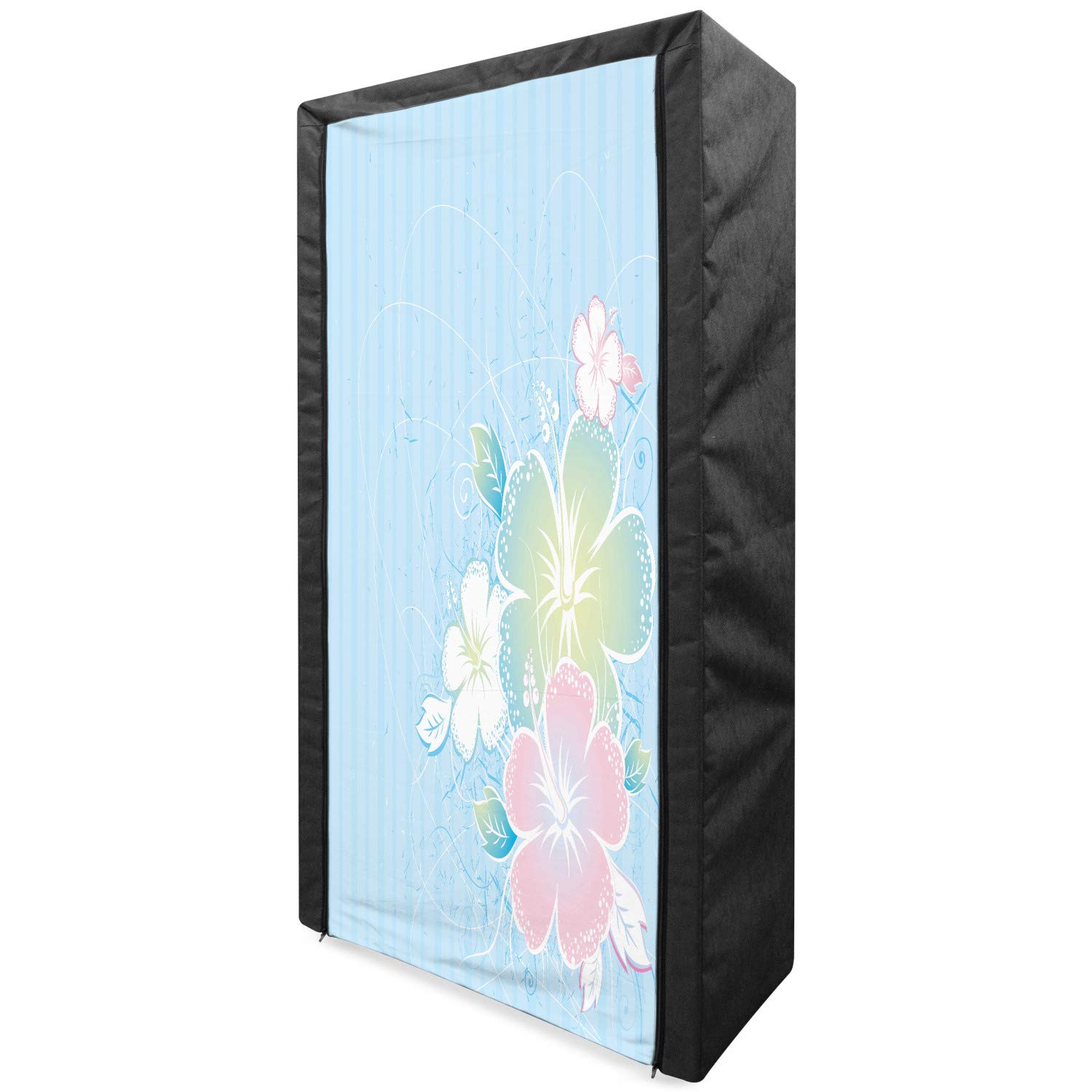 Ambesonne Floral Fabric Wardrobe - Hibiscus Flower & Striped Design Clothing Organizer with Shelves, 33.5 Inch Portable Closet in Soft Blue & Pink | Perfect for Bedroom, Dorm, or Small Space Storage Solution