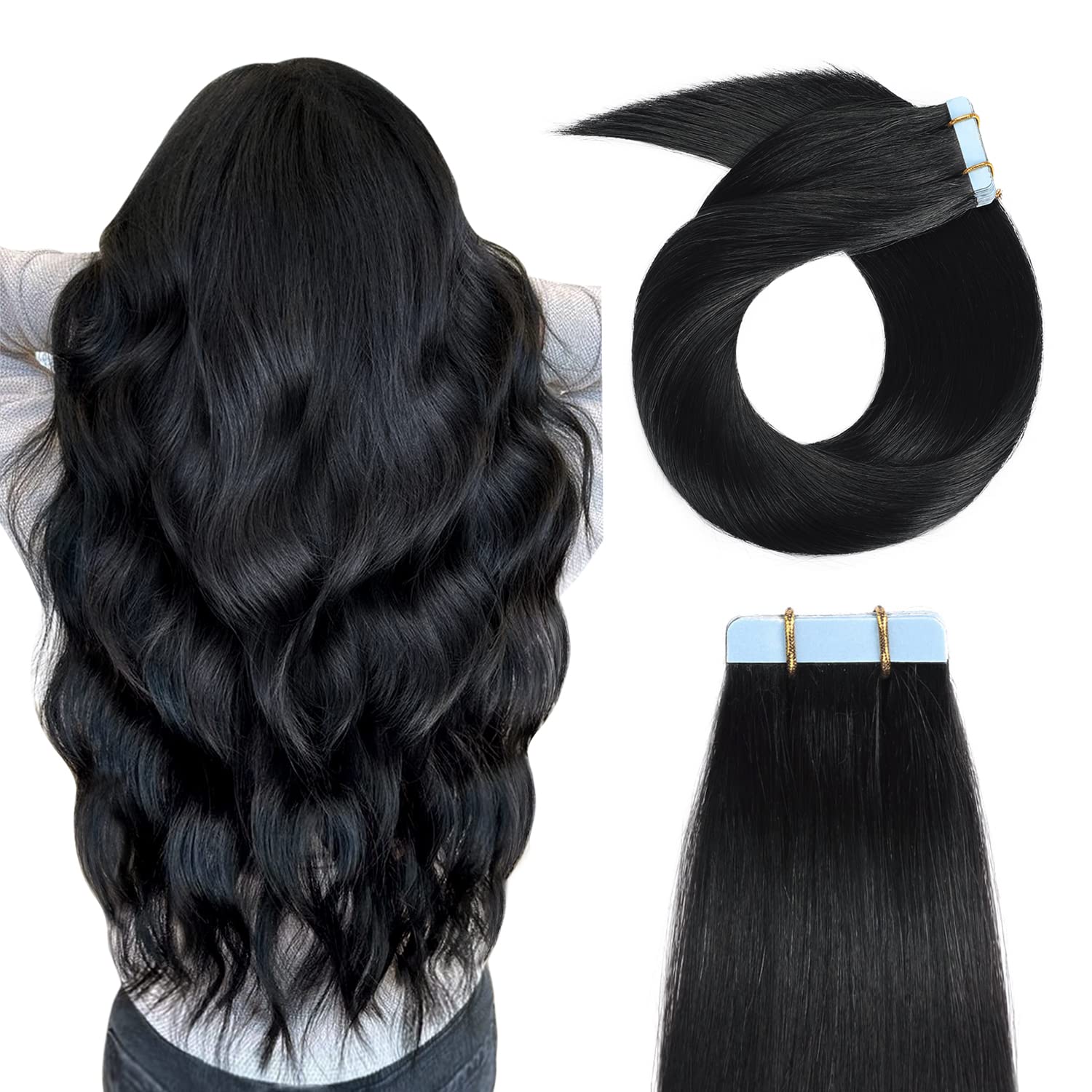 YILITE 12inch #1 Jet Black Seamless Silky Straight Tape-in Human Hair Extensions - 20pcs 40g for Natural Look & Styling | Perfect for Weddings, Parties & Daily Wear