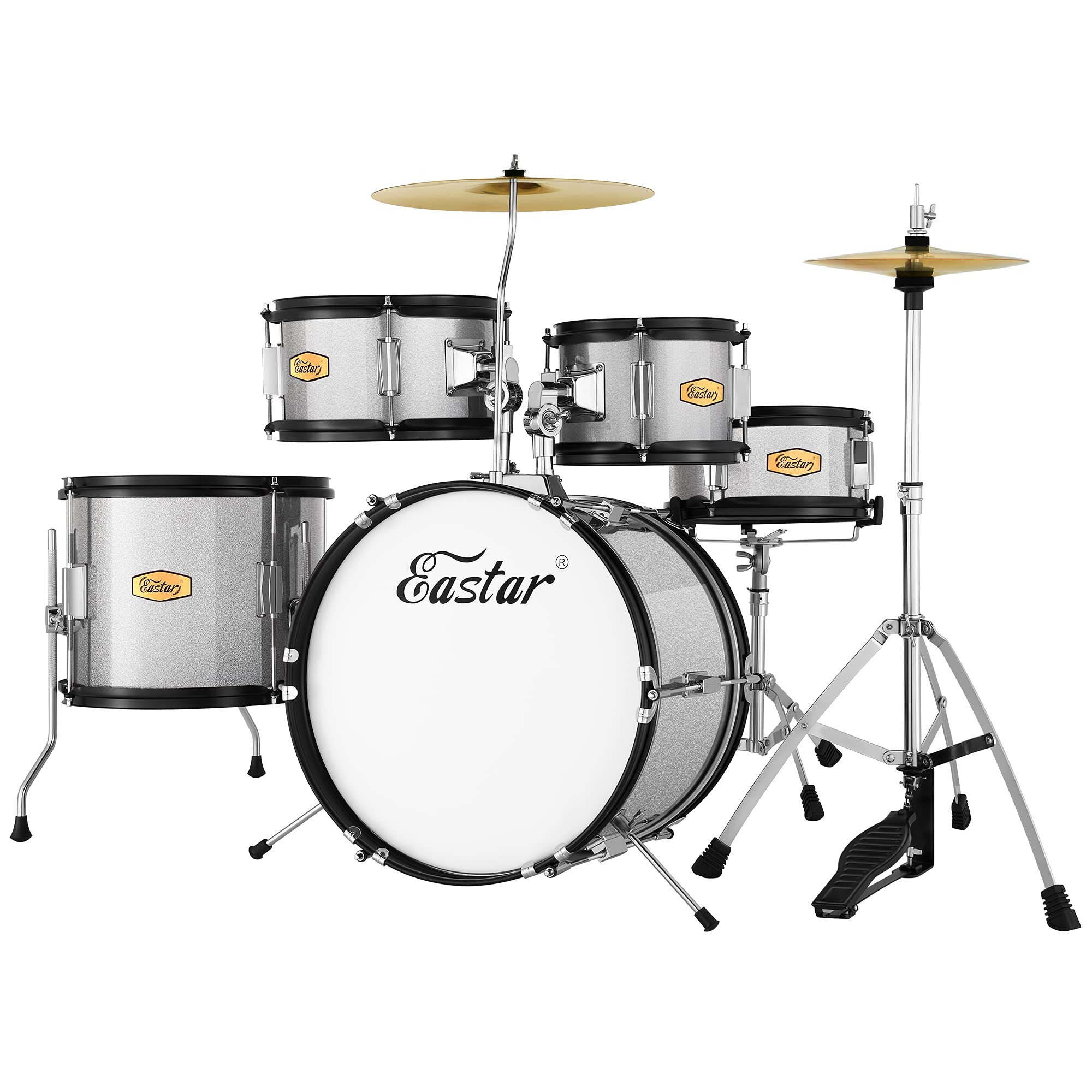 Eastar EDS-350Bu 16 Inch 5-Piece Kids Drum Set - Adjustable Junior Drum Kit with Throne, Cymbal, Pedal & Drumsticks for Children, Metallic Silver - Perfect for Beginners, Home Practice & Music Education