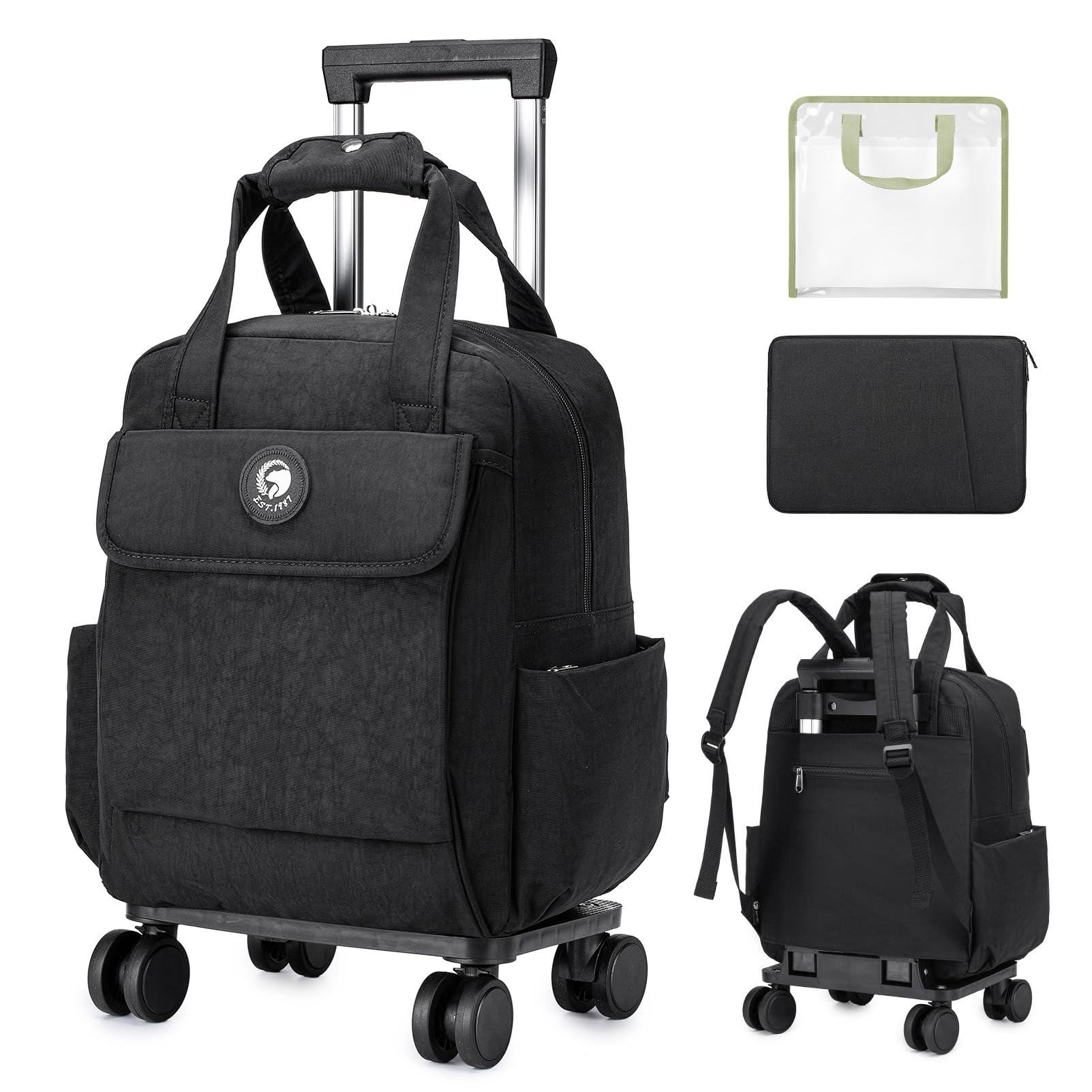 Waterproof Rolling Backpack with Wheels & Laptop Compartment - 25L Travel Backpack for Teachers, Students, Business Professionals - Perfect for Commuting, Air Travel & Office Use (Black)