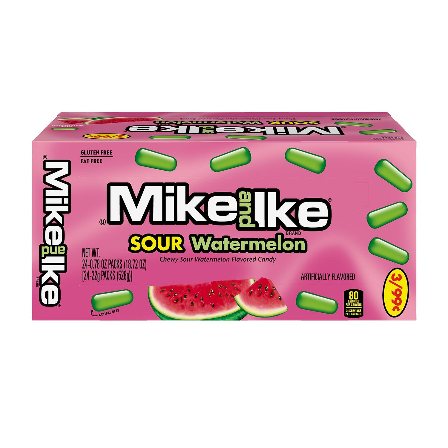 Just Born Mike & Ike Sour Watermelon Candy - 24 Count Box | Sweet & Tangy Sour Gummy Treats for Parties, Movie Nights & Office Snacks