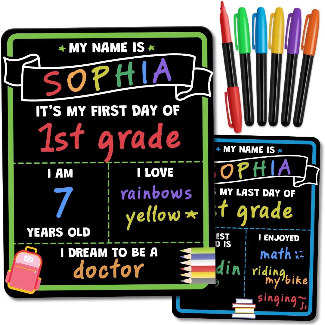 First and Last Day of School Chalkboard Sign with 6 Liquid Chalk Markers - Double-Sided 14x11 Inch Reusable Board - Perfect for Kindergarten & Preschool Back to School Photos and Memory Keepsakes