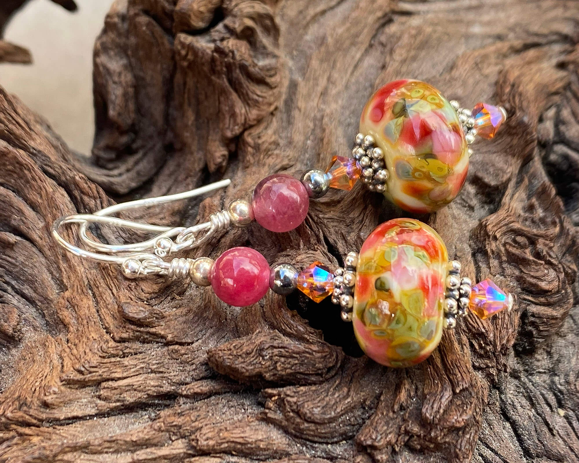 Handmade Peach Agate Yellow Lampwork Glass Earrings – Boho Chic Jewelry for Women, Perfect for Parties, Weddings & Everyday Wear