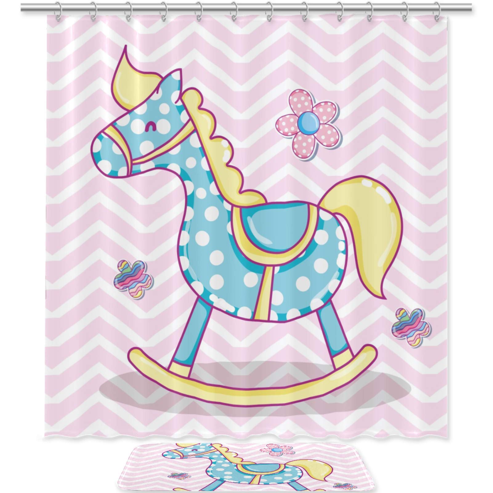 Imobaby Wooden Horse Cartoon Bathroom Set - Waterproof Polyester Shower Curtain 70.8x70.8 Inches with Matching Bath Mat & 12 Hooks - Cute Nursery Decor for Kids' Bathroom, Baby Shower Gift Idea