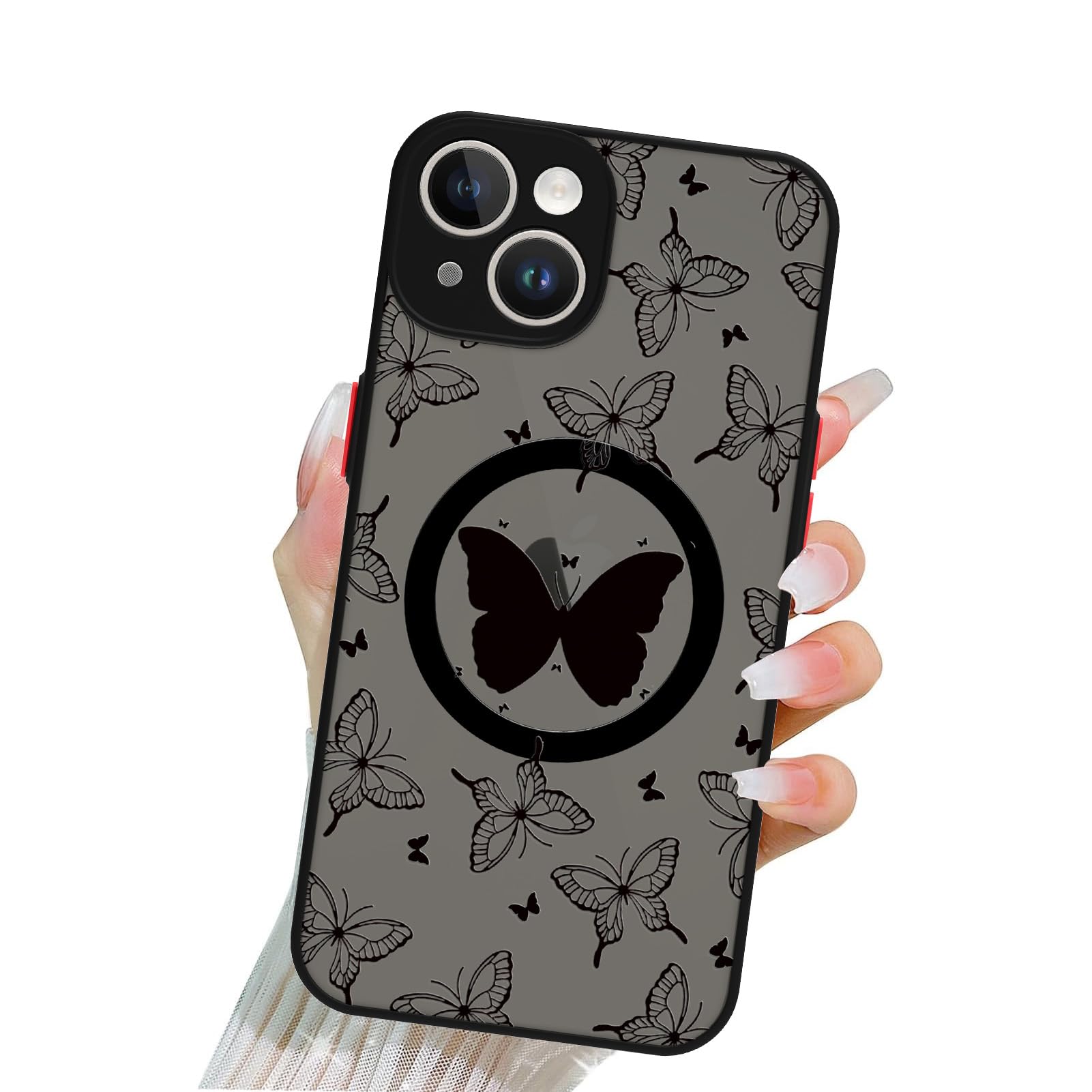 Magnetic Case for iPhone 15 (6.1 Inch) - MagSafe Compatible Clear Frosted PC Back with Black Butterfly Design, Soft Bumper Shockproof Protective Phone Cover for Women | Perfect for Everyday Use, Work & Travel