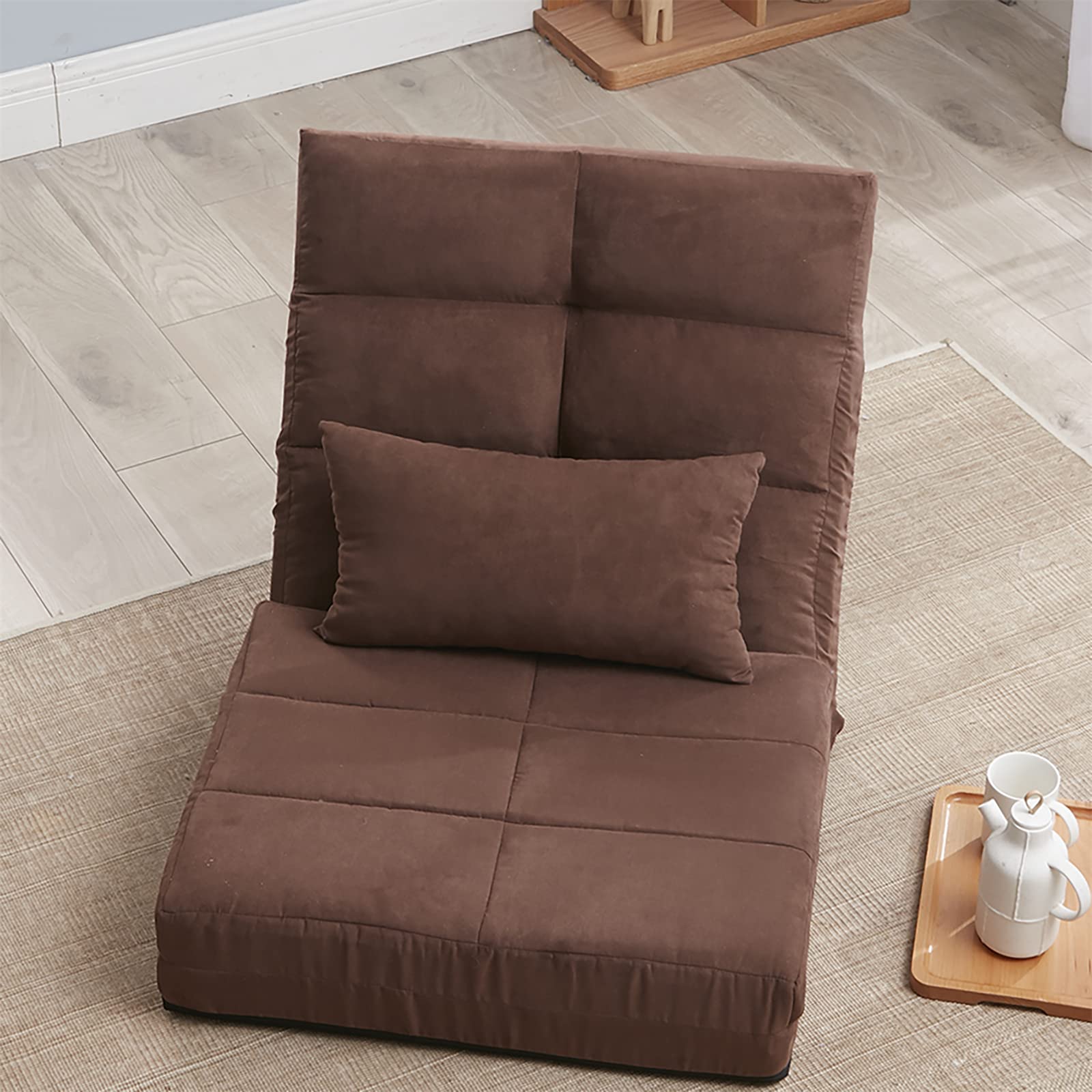 VERYKE Convertible Floor Sofa Bed with Pillow - 5 Reclining Positions, Foldable Guest Sleeper, Adjustable Lazy Chair for Living Room, Gaming & Leisure (Brown) | Perfect for Small Spaces, Movie Nights & Nap Time