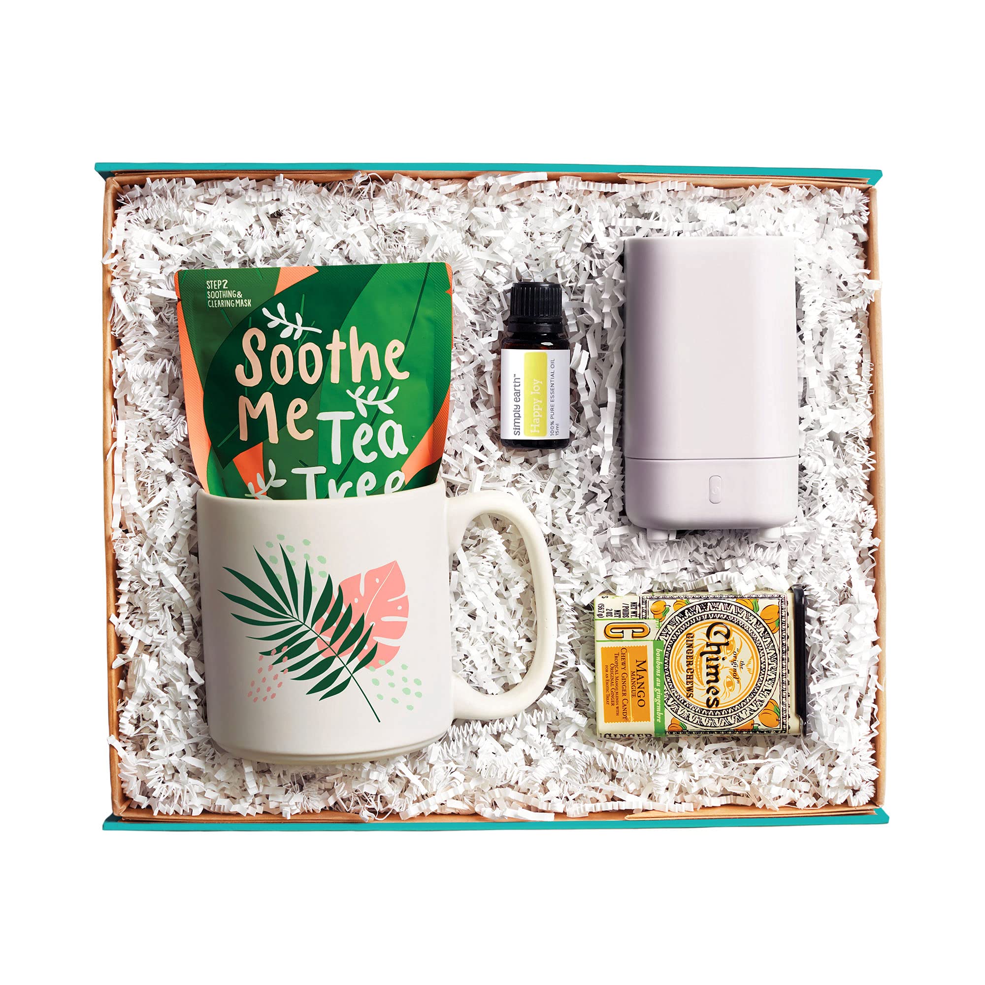 Delightly Stress Less Kit - Relaxation Gift Box with Mug, Essential Oil Diffuser, Aromatherapy Blend & Ginger Chews - Self Care Package for Women & Men - Perfect for Spa Nights, Office Relaxation & Anxiety Relief