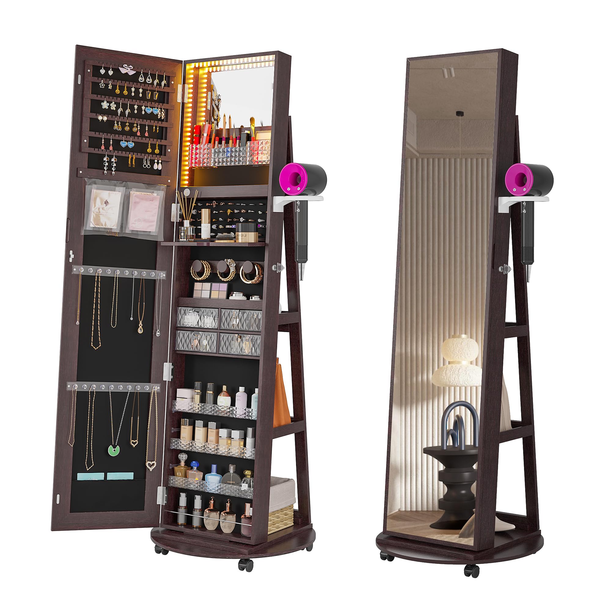 360° Swivel Jewelry Armoire with Full-Length LED Mirror - Lockable Wheels & Foldable Makeup Shelf | Jewelry Storage Cabinet & Standing Organizer (Brown) | Perfect for Bedroom, Closet & Dressing Room Organization
