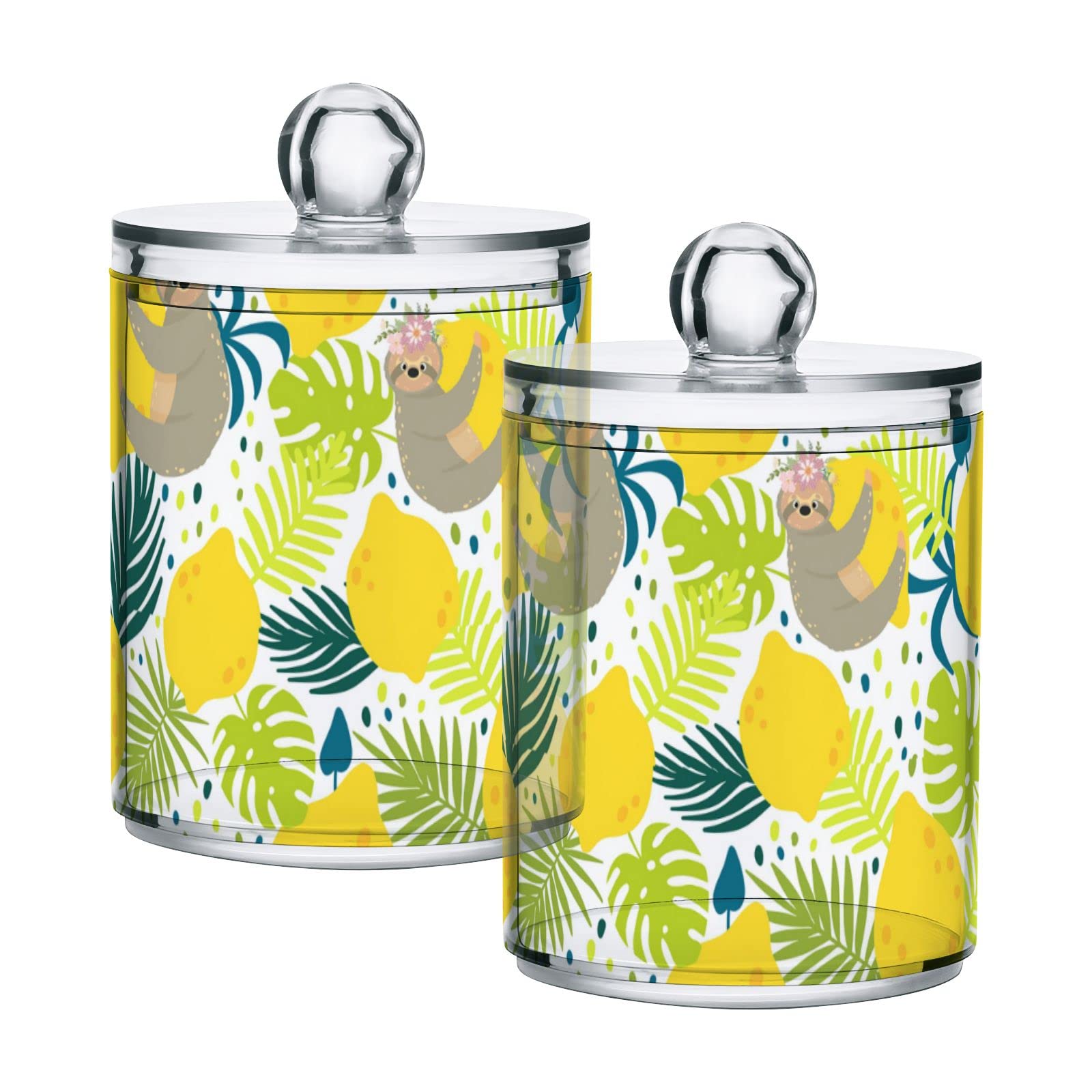 Cute Sloth Design Plastic Storage Jars with Lids - Set of 2 (10 oz Translucent Containers) for Cotton Swabs, Tea, Cookies & Food Storage | Tropical Lemon Leaf Decor | Perfect for Kitchen, Bathroom & Pantry Organization