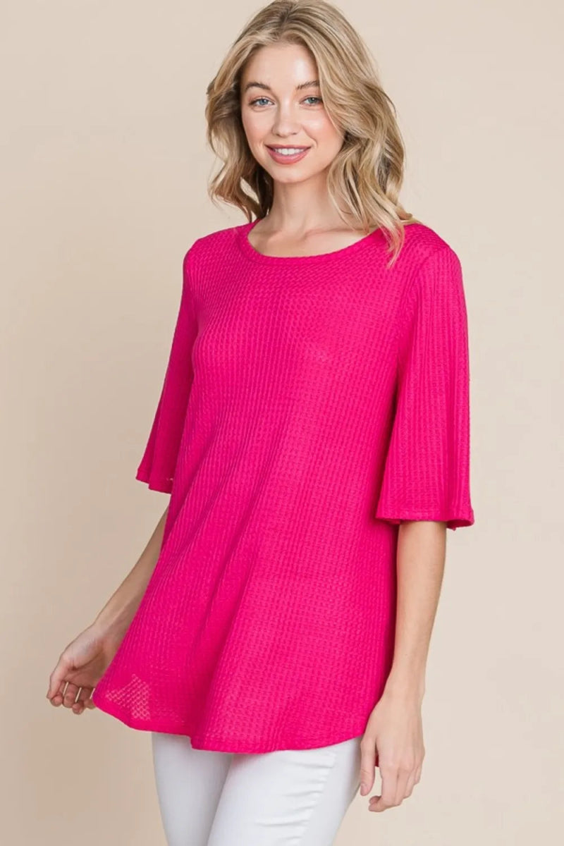 BOMBOM Women's Round Neck Waffle Knit T-Shirt - Soft Casual Short Sleeve Tee for Everyday Wear | Perfect for Work, Weekend & Travel Outfits