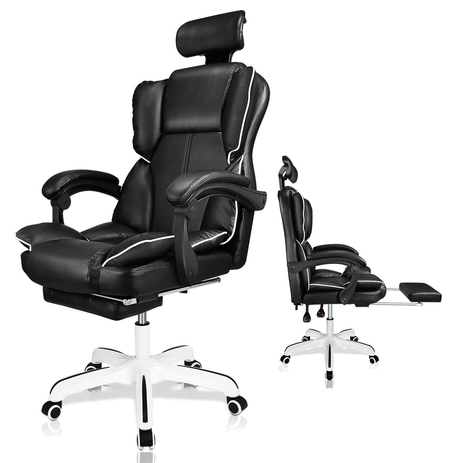 Ergonomic PU Leather Gaming & Office Chair with Adjustable Height, Footrest & Reclining Back - Big & Tall Executive Chair with Lumbar Support for Home Office & Gaming Setup (Black) - Perfect for Long Work Hours, Video Gaming & Remote Work Comfort