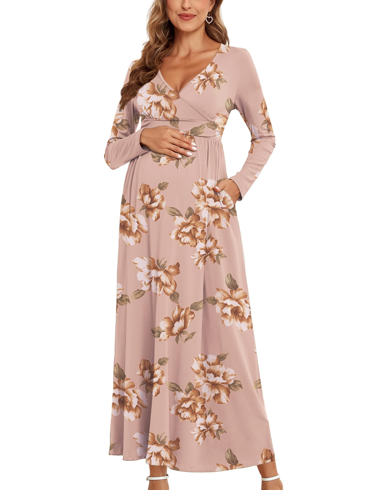 2025 Women's Maternity Maxi Dress - Long Sleeve Wrap V-Neck Pregnancy Dress with Pockets for Baby Shower, Photoshoot & Formal Occasions | Comfortable Nursing Dress for Expecting Mothers