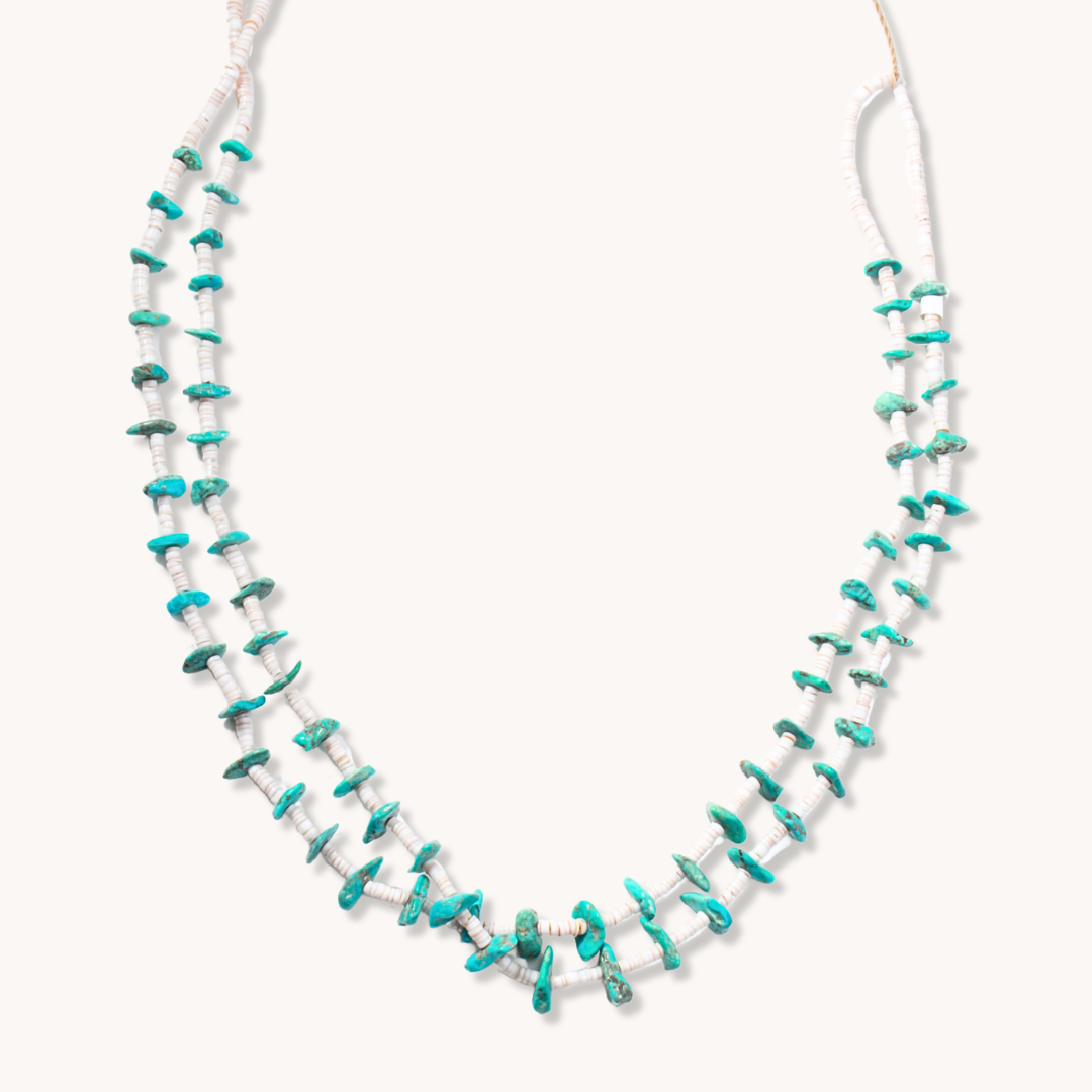Turquoise and White Shell Heishe Necklace - Handmade Native American Jewelry for Women - Perfect for Boho, Beach, and Festival Outfits