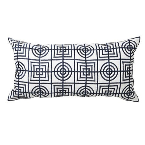 Florence Broadhurst Navy Blue Circles & Squares Long Cushion - Elegant Home Decor for Sofa, Bed, or Window Seat