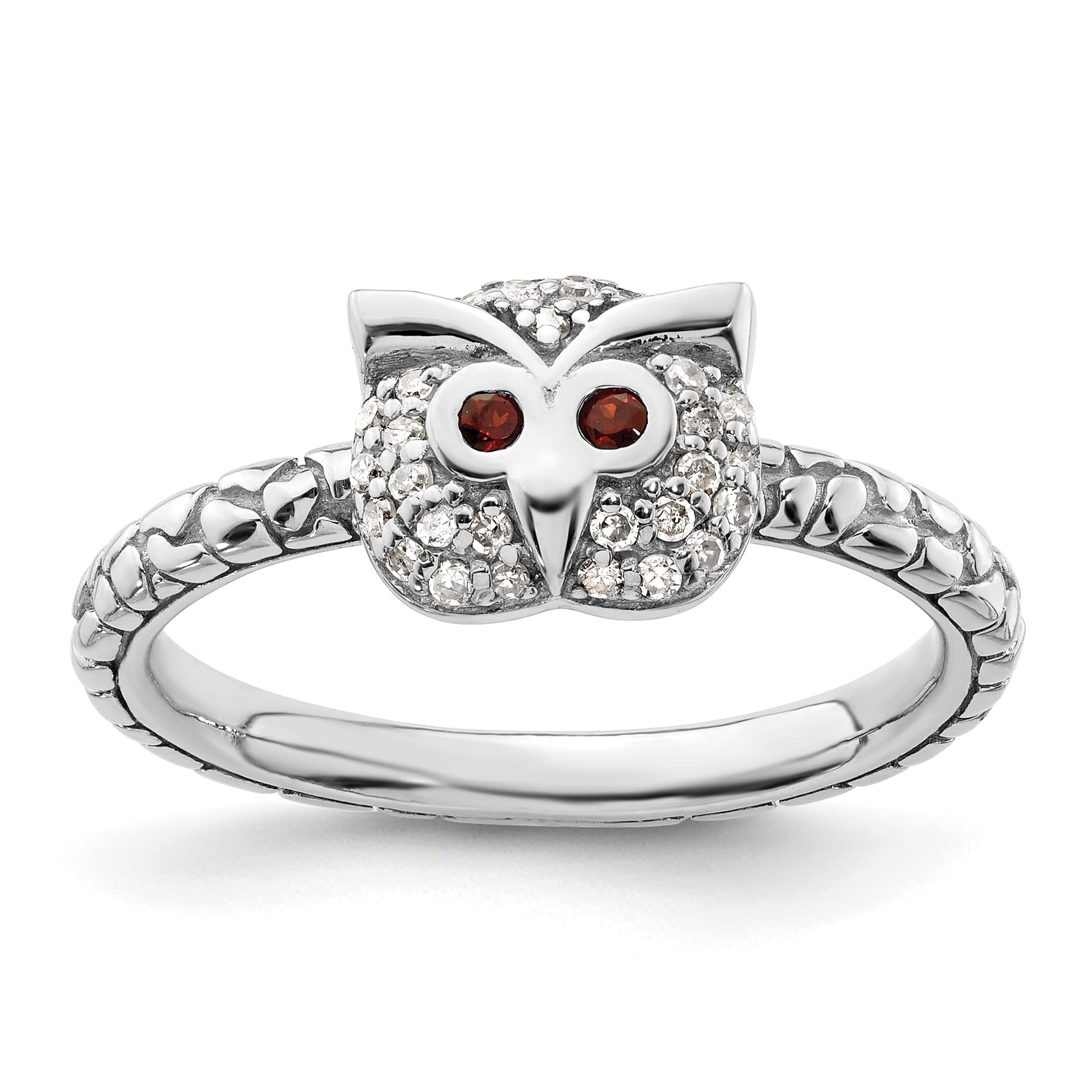 Avariah Solid Sterling Silver Stackable Expressions Garnet & Diamond Owl Ring - Size 7.0 - Elegant Jewelry for Women, Perfect Gift for Birthday, Anniversary & Special Occasions