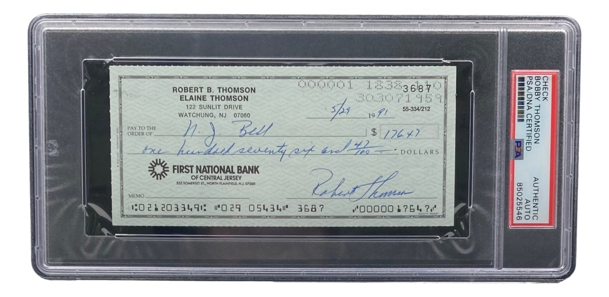 Authentic Bobby Thomson New York Giants Signed Bank Check with PSA/DNA Certification 85025546 - Perfect for Sports Memorabilia Collectors and Baseball Fans
