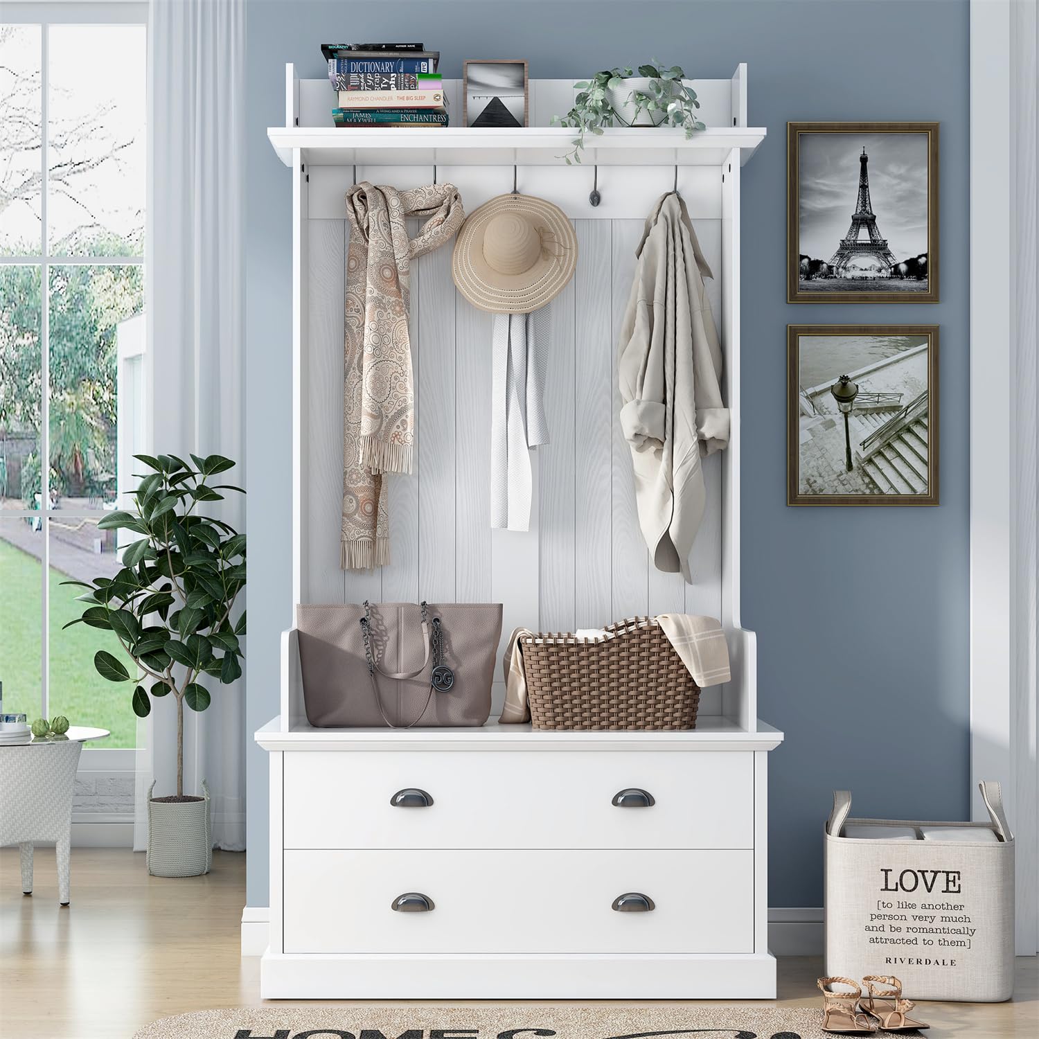 Polibi Hall Tree Storage Bench with 5 Sturdy Metal Hooks & 2 Spacious Drawers - White Entryway Organizer for Coats, Shoes & Accessories | Perfect for Mudroom, Foyer & Small Space Entryway Organization