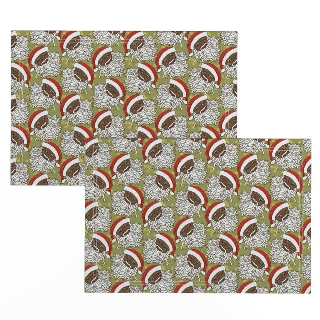 Santa Claus Green Stars African American Christmas Holiday Print Linen Cotton Canvas Placemats (Set of 2) - Festive Dining Table Decor for Holiday Parties & Family Gatherings