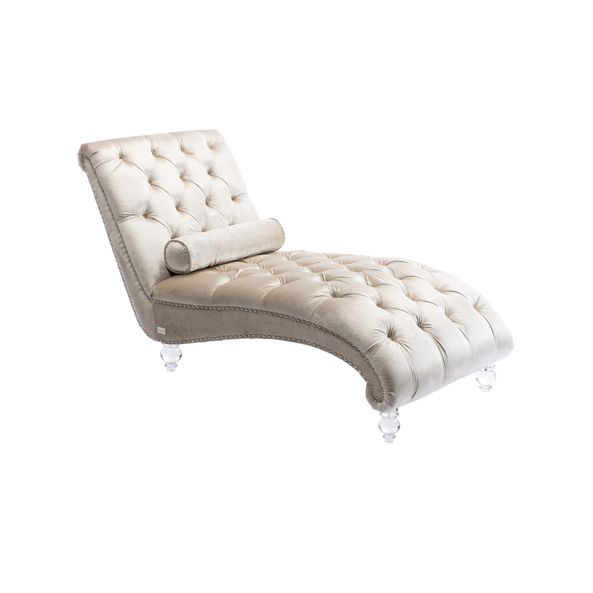 Velvet Chaise Lounge Chair with Toss Pillow - Upholstered Tufted Sofa with Acrylic Feet for Living Room, Office or Bedroom - Modern Beige Lounge Chair for Relaxing, Reading & Napping