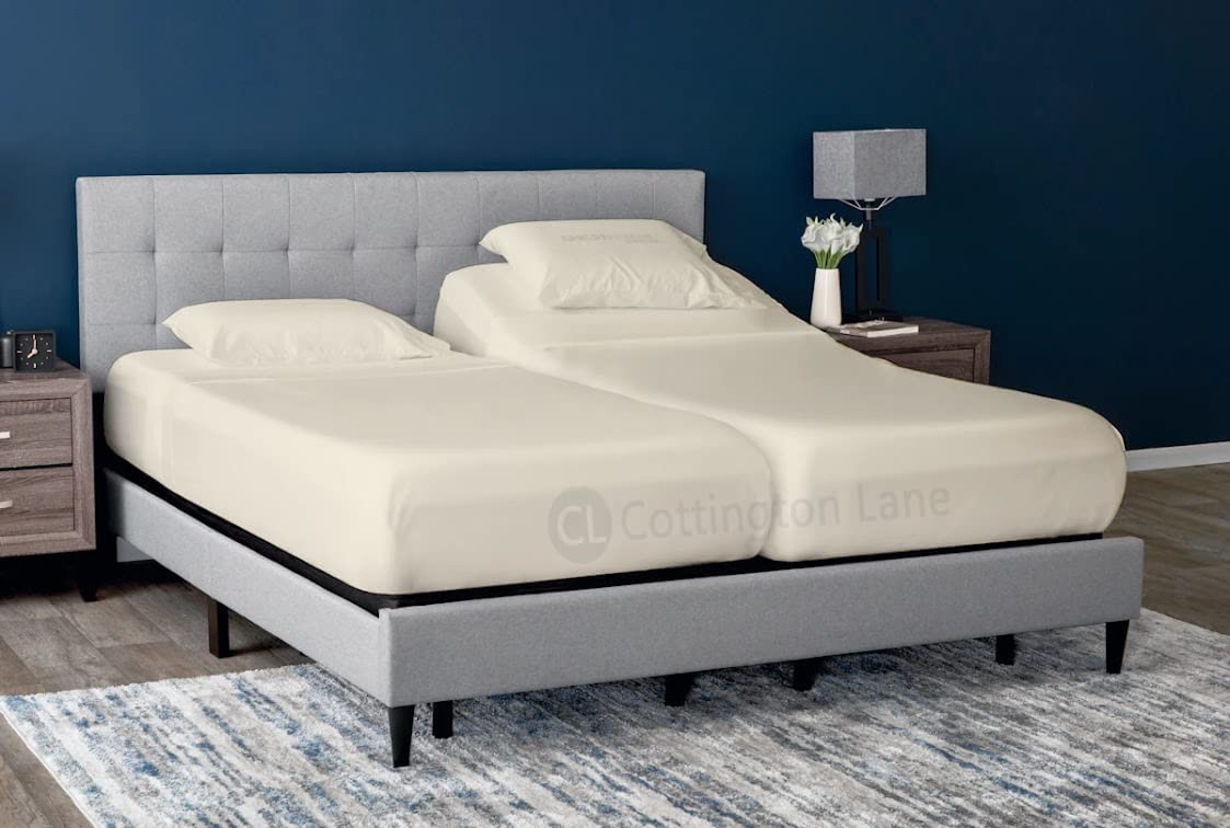 Split King Sheets Set - 100% Cotton Deep Pocket Fitted Sheet for Adjustable Beds (12 Inch, Ivory) - Soft & Breathable Luxury Bedding for Split King Mattress - Perfect for Master Bedrooms, Guest Rooms & Sleep Comfort