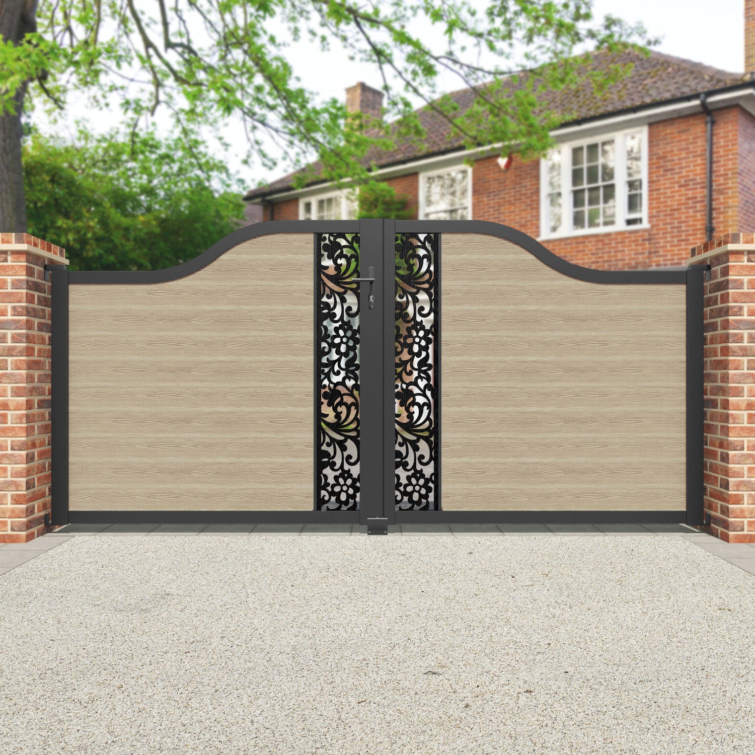 Classic Eden Curved Top Driveway Gate in Light Oak with Middle Screen - Perfect for Home Security and Curb Appeal Enhancement