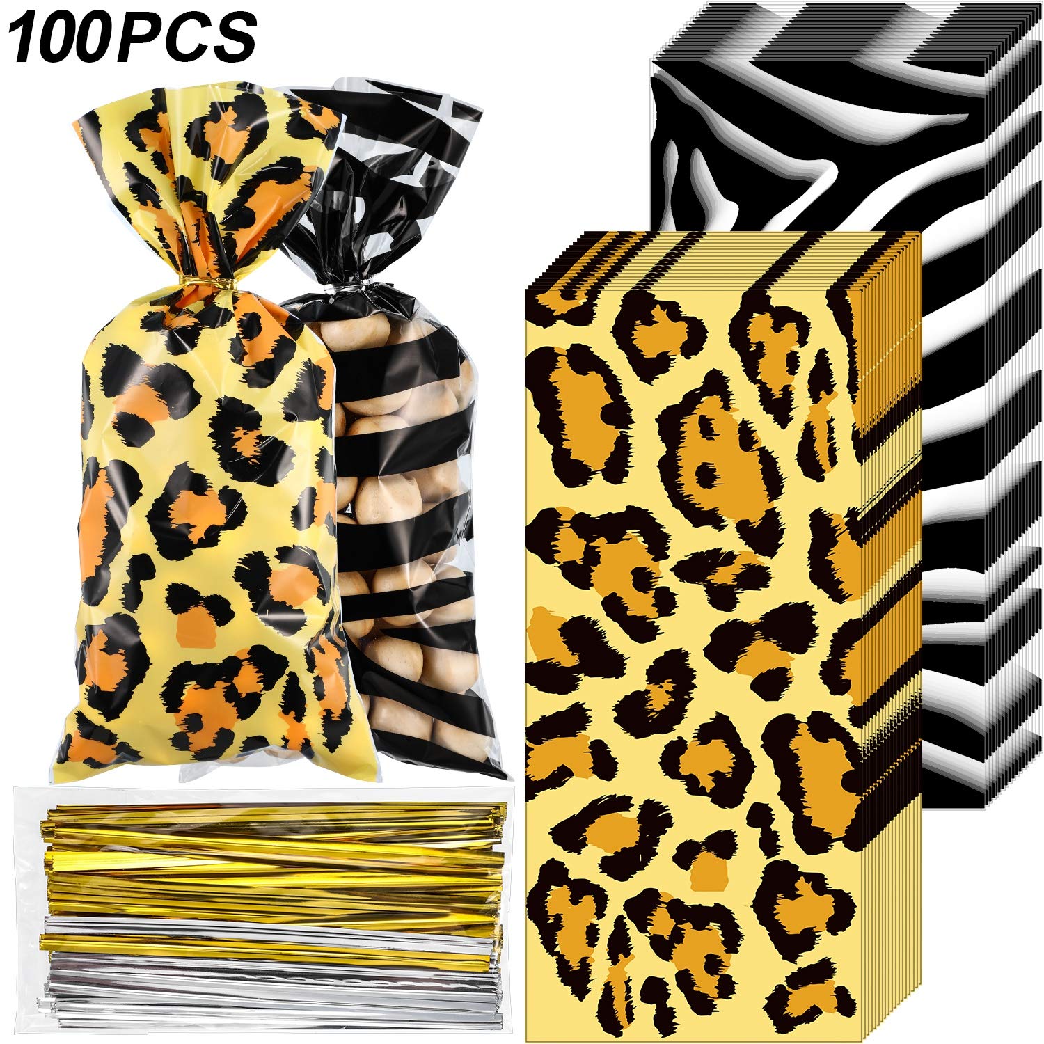 100-Piece Animal Print Party Bags - Zebra & Leopard Jungle Safari Theme Treat Bags for Candy, Snacks, Sealed Goodies - Perfect for Zoo, Jungle, Halloween Parties & School Events