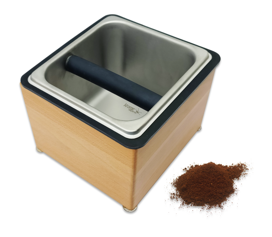 Premium Stainless Steel Knock Box with Wooden Box - Compact Countertop Coffee Grounds Container for Espresso Bars & Home Brewing