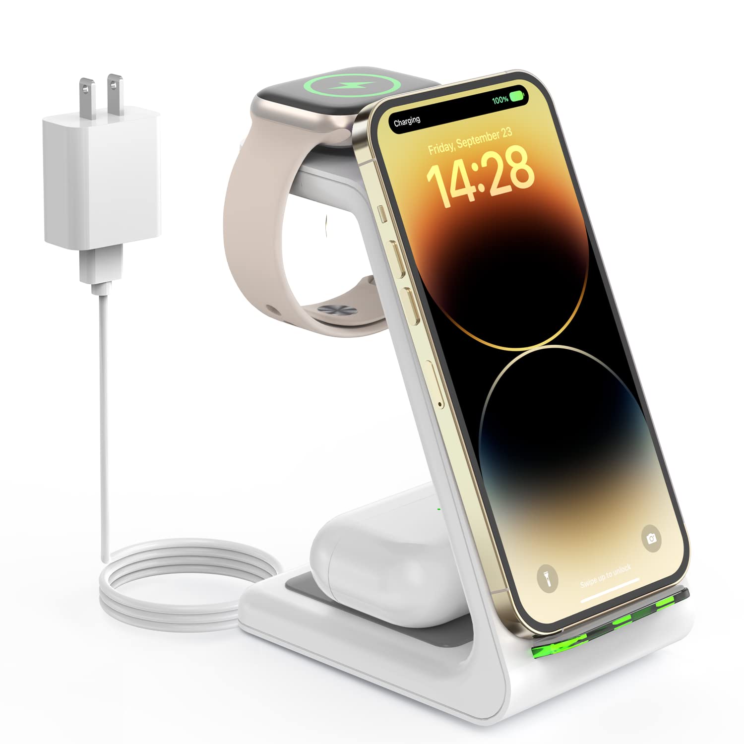 3-in-1 Wireless Charging Station for iPhone 16/15/14/13/12, Apple Watch 8/7/SE/6/5/4/3/2, AirPods Pro/3/2 & Samsung Phones - Fast Qi-Certified Charger Stand Dock for Bedside, Office & Travel