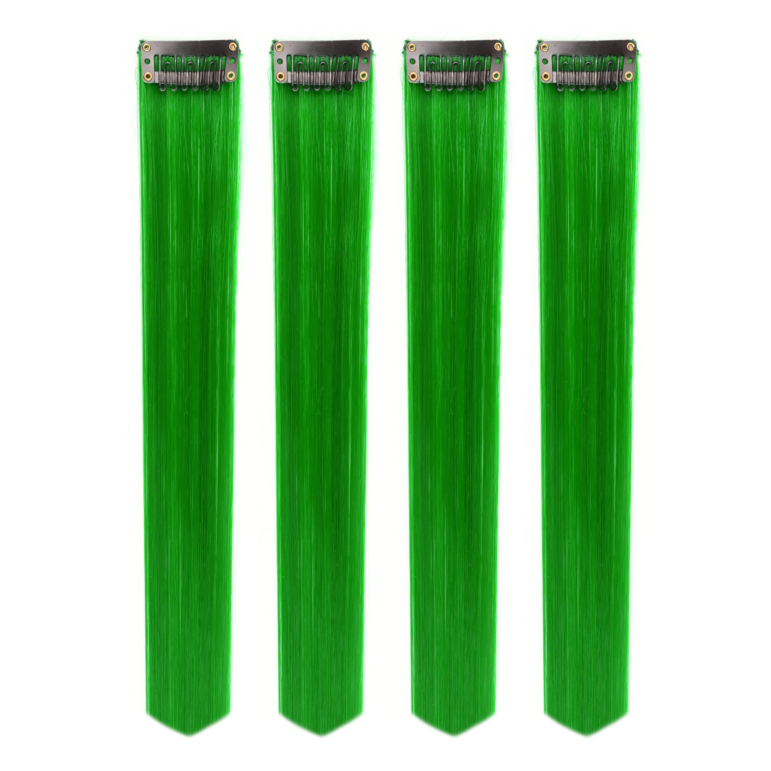 Rapidsflow® Straight Colored Hair Streak Extensions for Women & Girls - 4pc Set of Real Human Hair Highlights in Green - Perfect for Parties, Cosplay & Fashion Styling