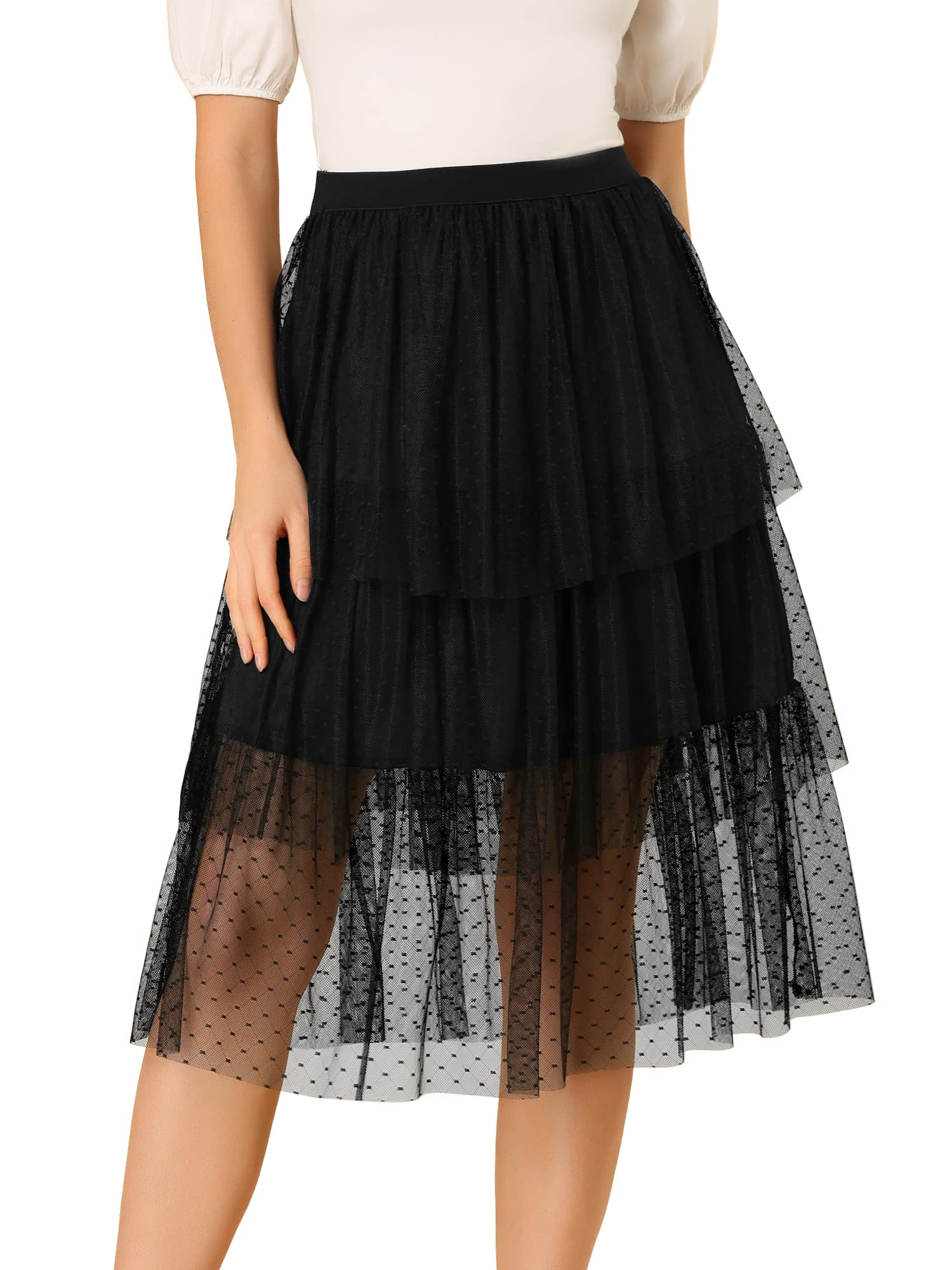 Allegra K Women's Tulle Skirt with Elastic Waist - Mesh Tutu Tiered Layered Party Skirt for Dances, Weddings & Special Occasions