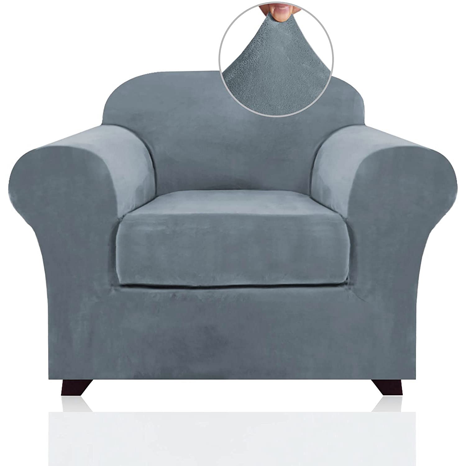 PrinceDeco Velvet Plush Stretch Sofa Cover 2-Piece Set - Washable Furniture Protector with Elastic Bottom, Fits Armchairs Up to 49