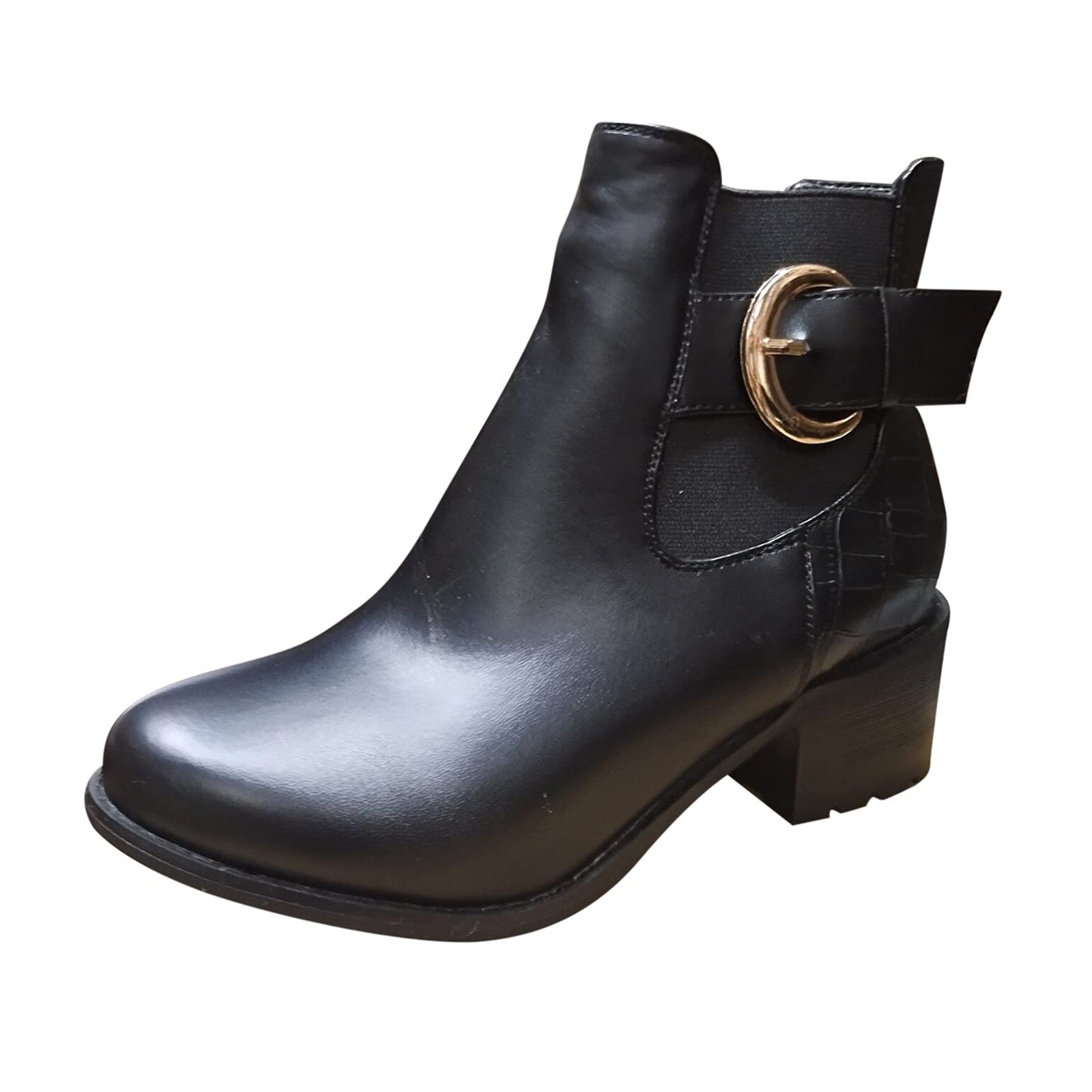 Cyddersly Women's Ankle Boots with Buckle & Low Heel - Solid Color Fashion Winter Boots for Women | Casual Outfits, Office Wear & Date Night Shoes