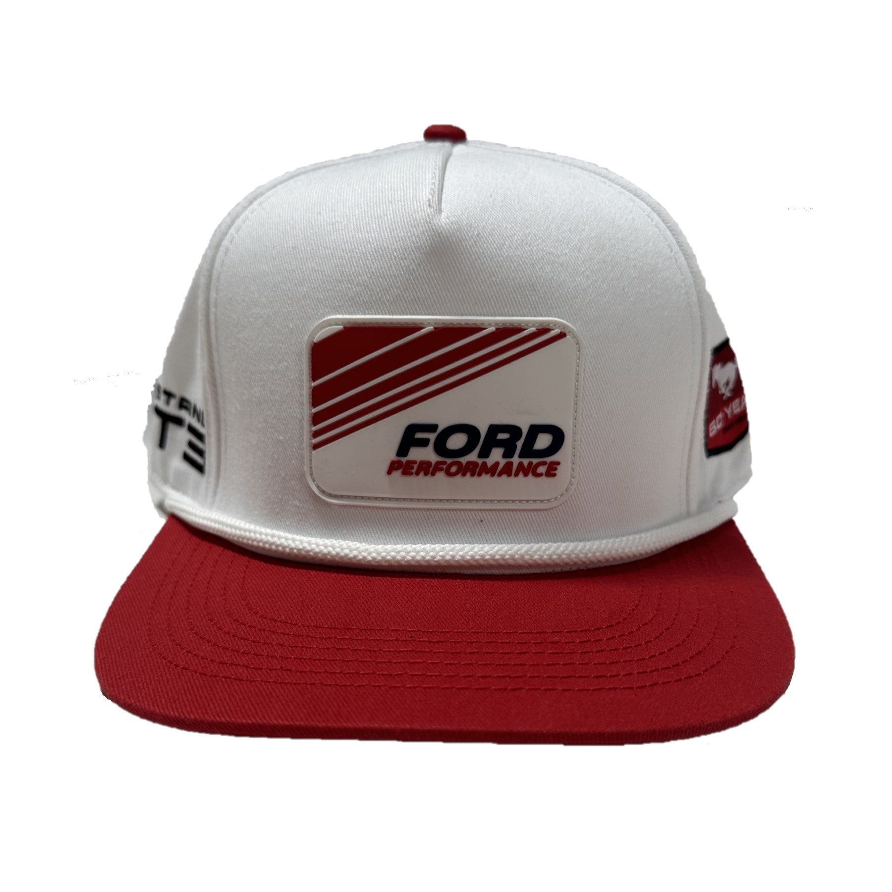 Ford Performance Flatbill Hat - White & Red | Adjustable Snapback Cap for Men & Women | Perfect for Racing, Car Shows & Outdoor Activities