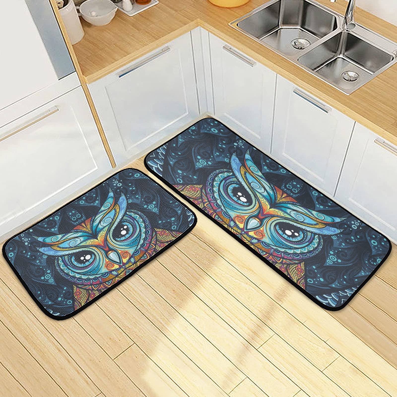 Tribal Owl Kitchen Rugs Set - Anti-Fatigue Non-Slip Mats for Sink & Laundry (2PC)