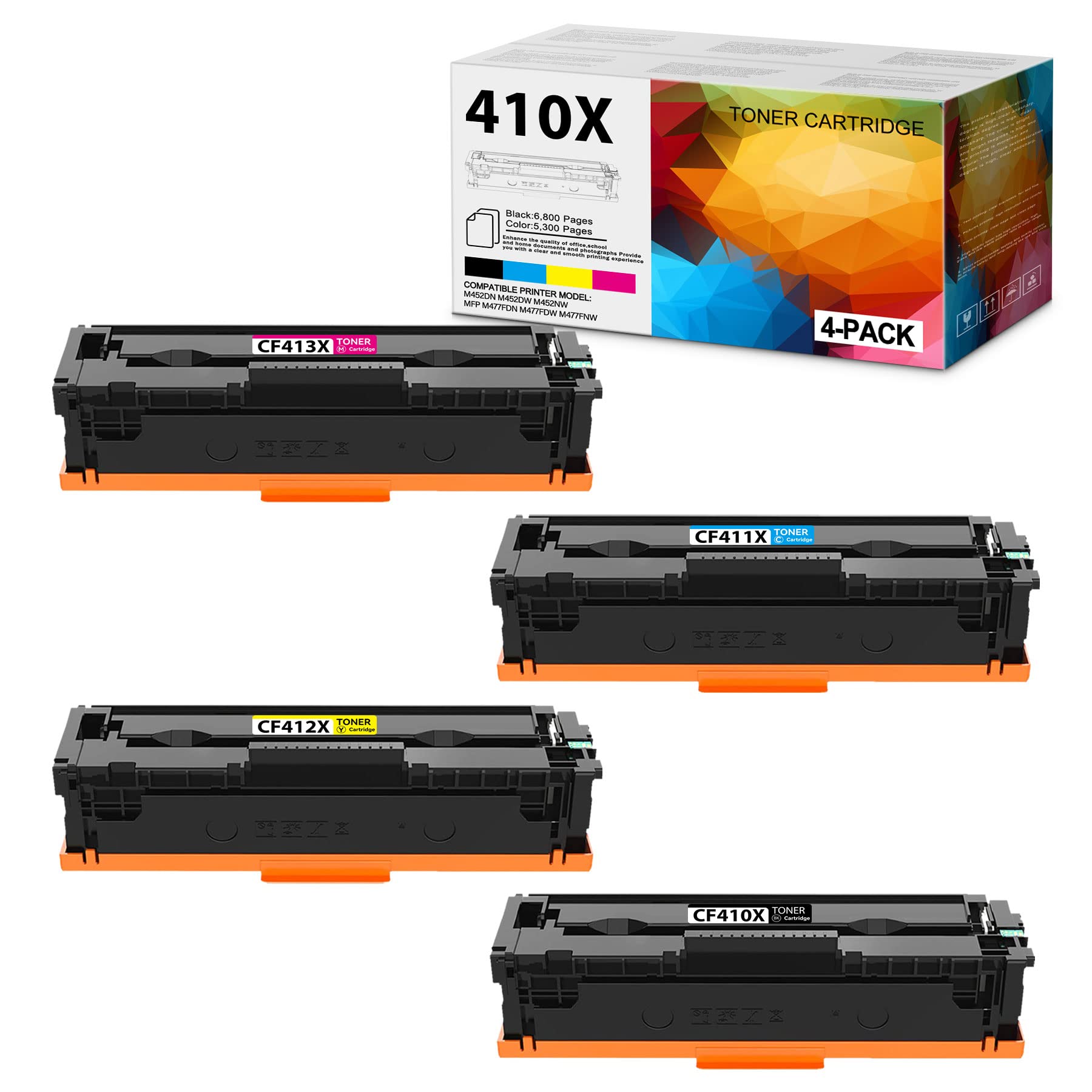 High-Yield 410X Toner Cartridge Replacement (4-Pack: 1BK+1C+1M+1Y) for HP M477fdn/M477fdw/M477fnw/M452dn/M452dw/M452nw Printers - Compatible with CF410X/CF411X/CF412X/CF413X - Ideal for Office & Home Printing Needs