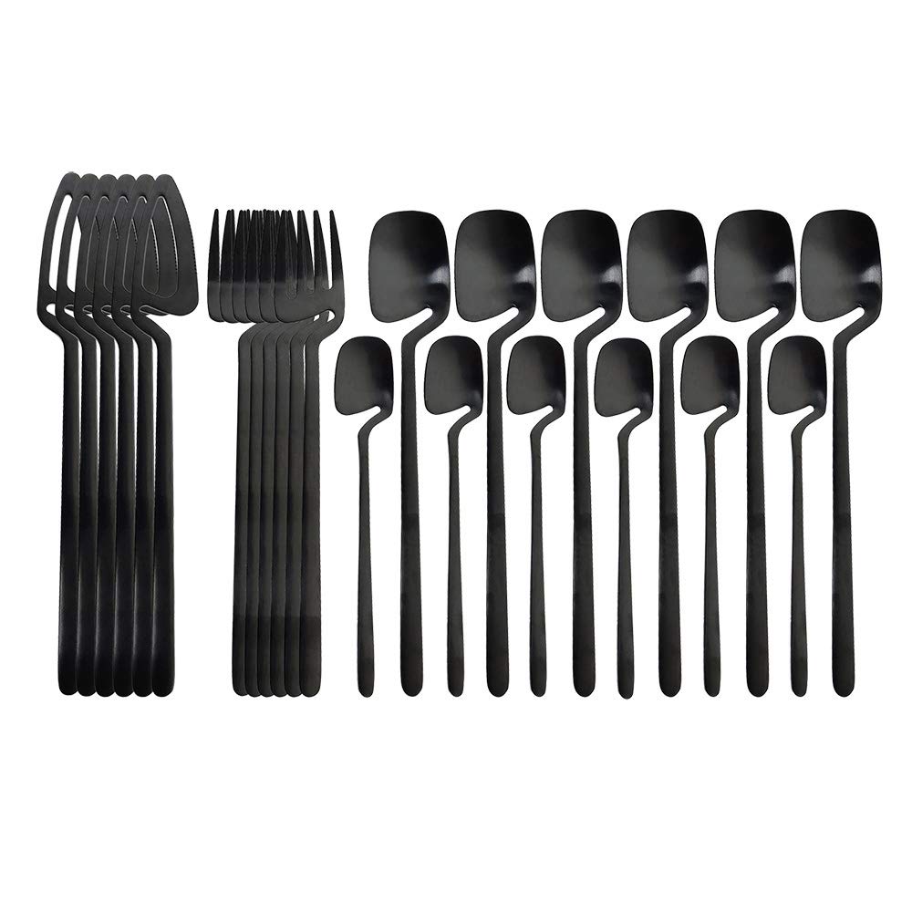 Premium 24-Piece Flatware Set - Stainless Steel Silverware Cutlery for 6 with Serving Utensils | Knife, Fork & Spoon Set in Matte Black Finish | 304 Stainless Steel | Perfect for Dinner Parties, Restaurants & Everyday Dining