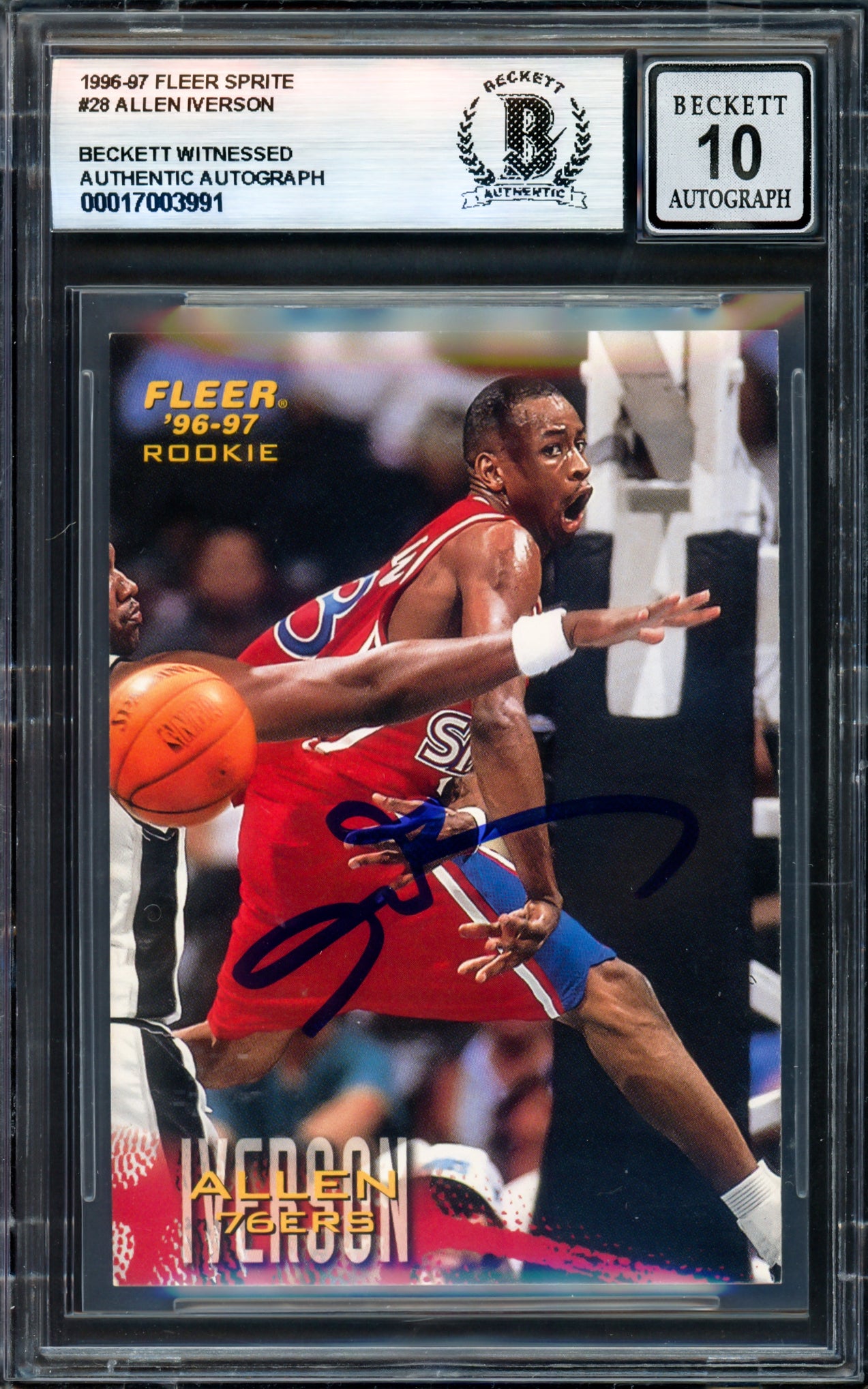 Allen Iverson Autographed 1996-97 Fleer Sprite Rookie Card #28 Philadelphia 76ers - Beckett BAS Gem Mint 10 Grade - Perfect for NBA Memorabilia Collectors & 76ers Fans - Display in Home Office or Man Cave