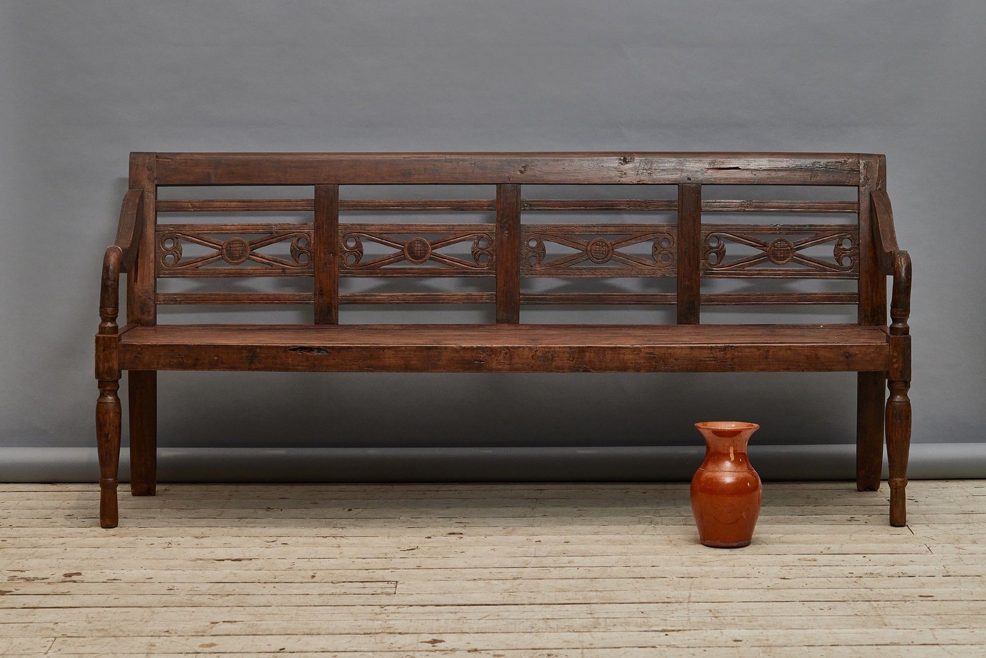 Handcrafted Dutch Colonial Teak Wood Bench from Java - Traditional Carved Medallion Backrest - Perfect for Entryway, Garden or Patio Seating