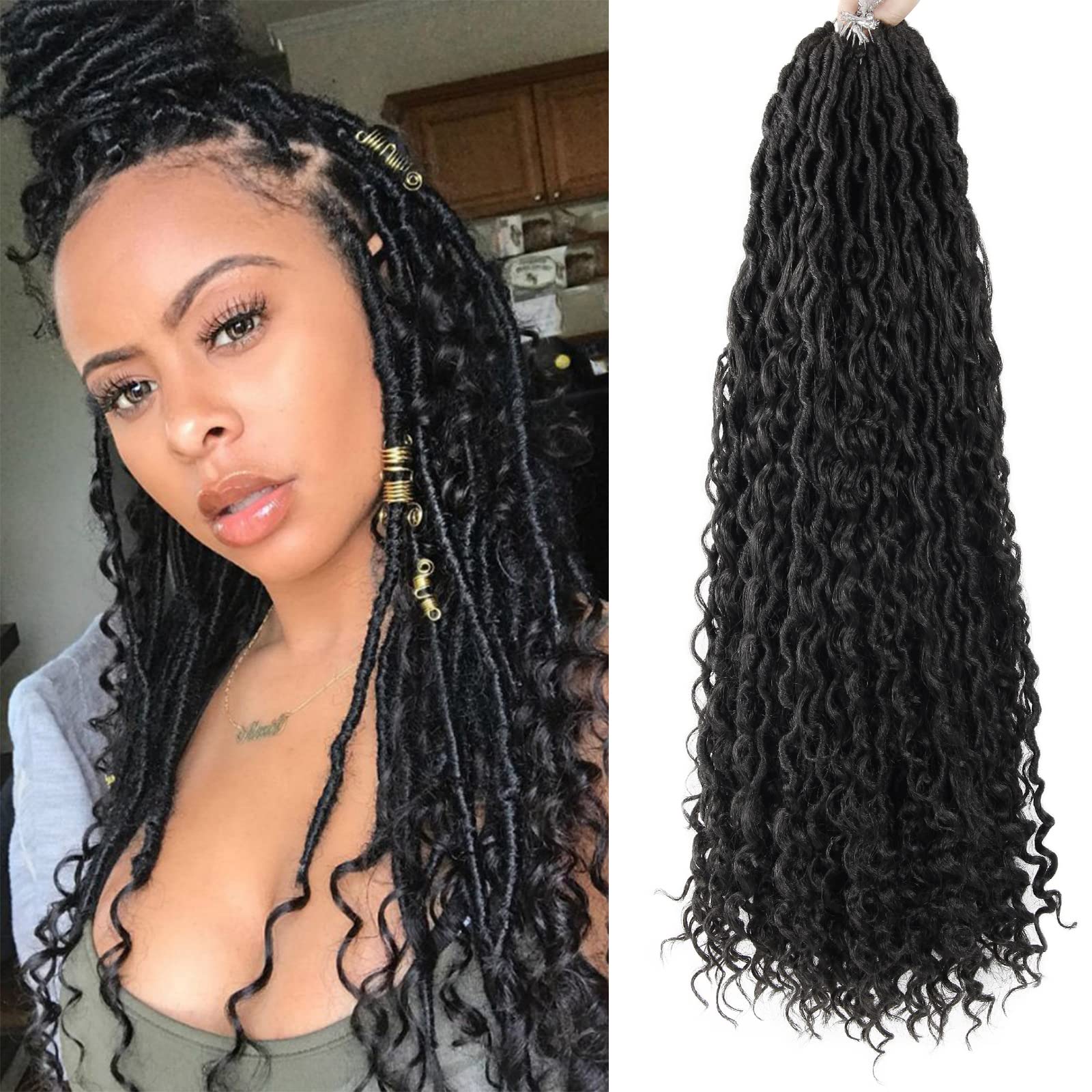 6 Packs 26 Inch Goddess Locs Crochet Hair - 1B Black Curly Faux Locs Braiding Hair for Women | Perfect for Boho, Hippie, and Protective Styles | Salon-Quality Synthetic Hair for Natural Look & Easy Styling