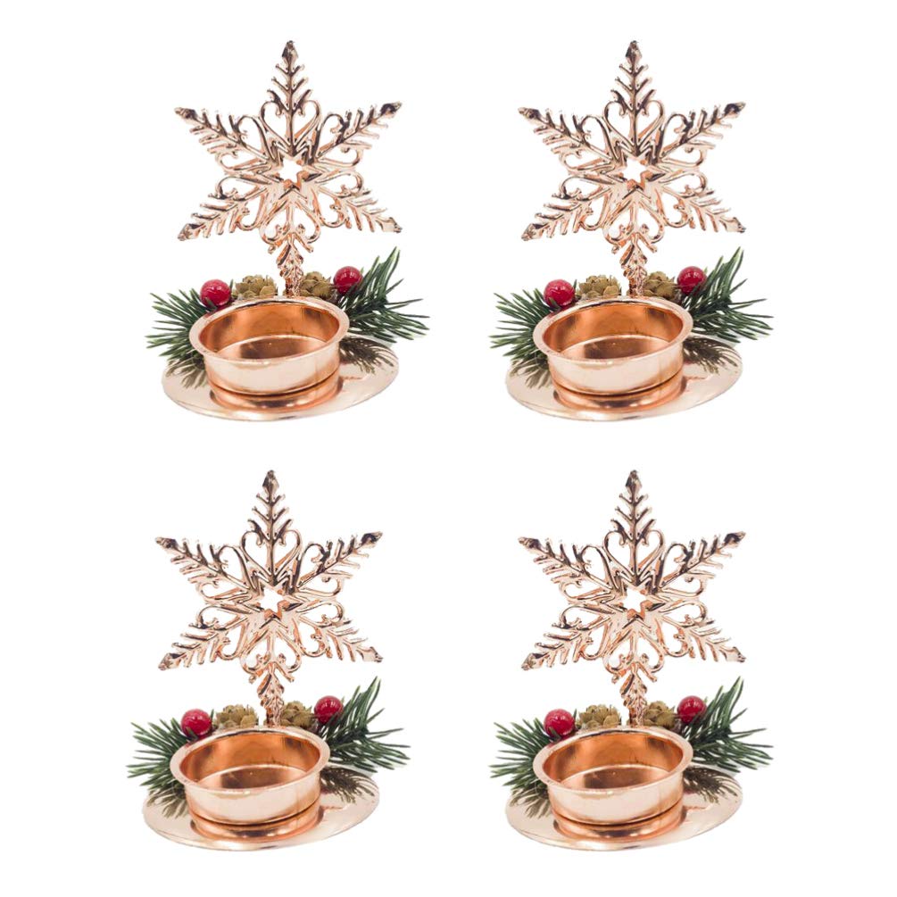 Amosfun 4-Piece Golden Metal Christmas Candle Holders with Holly Berry & Snowflake Decor - Elegant Tealight Holders for Holiday Table Centerpieces, Xmas Party Decorations - Perfect for Christmas Dinner, Winter Weddings & Festive Home Decor