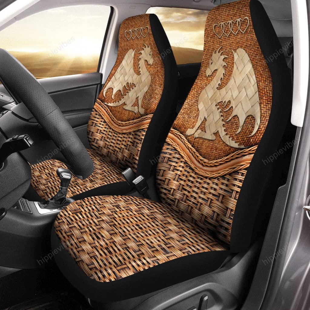 Premium Dragon Bamboo Car Seat Covers (Set of 2) - Breathable Rattan Seat Protectors for Cars, Trucks & SUVs - Unique Dragon-Themed Interior Decor for Enthusiasts - Perfect for Daily Commute, Road Trips & Gift Giving