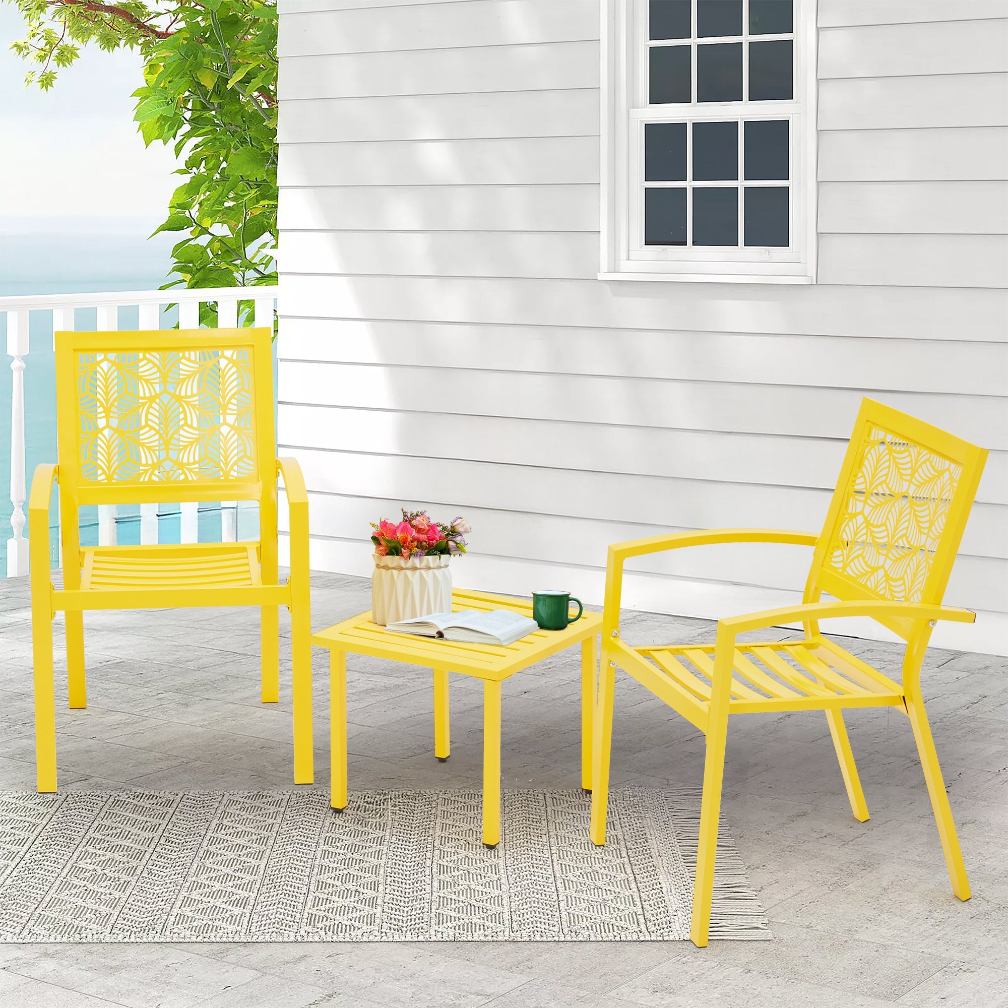 EROMMY 3-Piece Outdoor Bistro Set - Patio Dining Table & Chairs with Weather-Resistant Metal Frame in Sunny Yellow - Perfect for Garden, Balcony or Small Backyard Relaxation