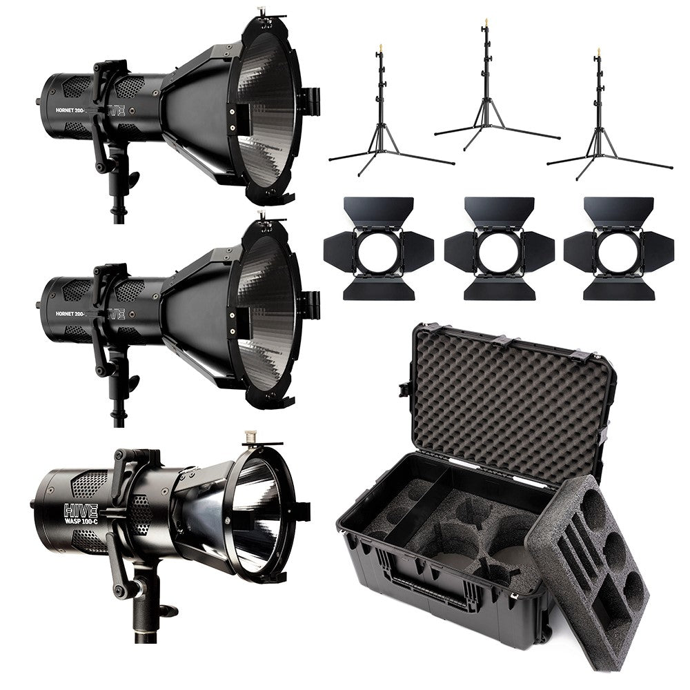 Hive Lighting 1 Wasp & 2 Hornet 200W PAR Spot LED Light Kit with 100W 3-Light Setup & Hard Rolling Case - Perfect for Film, Photography, and Stage Lighting