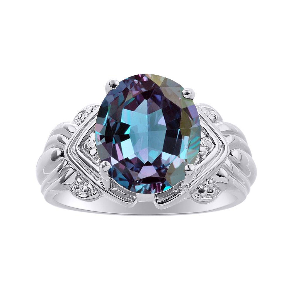 12x10mm Diamond & Simulated Alexandrite Sterling Silver Ring Set | Birthstone Jewelry for Women | Perfect for Anniversaries, Birthdays & Special Occasions