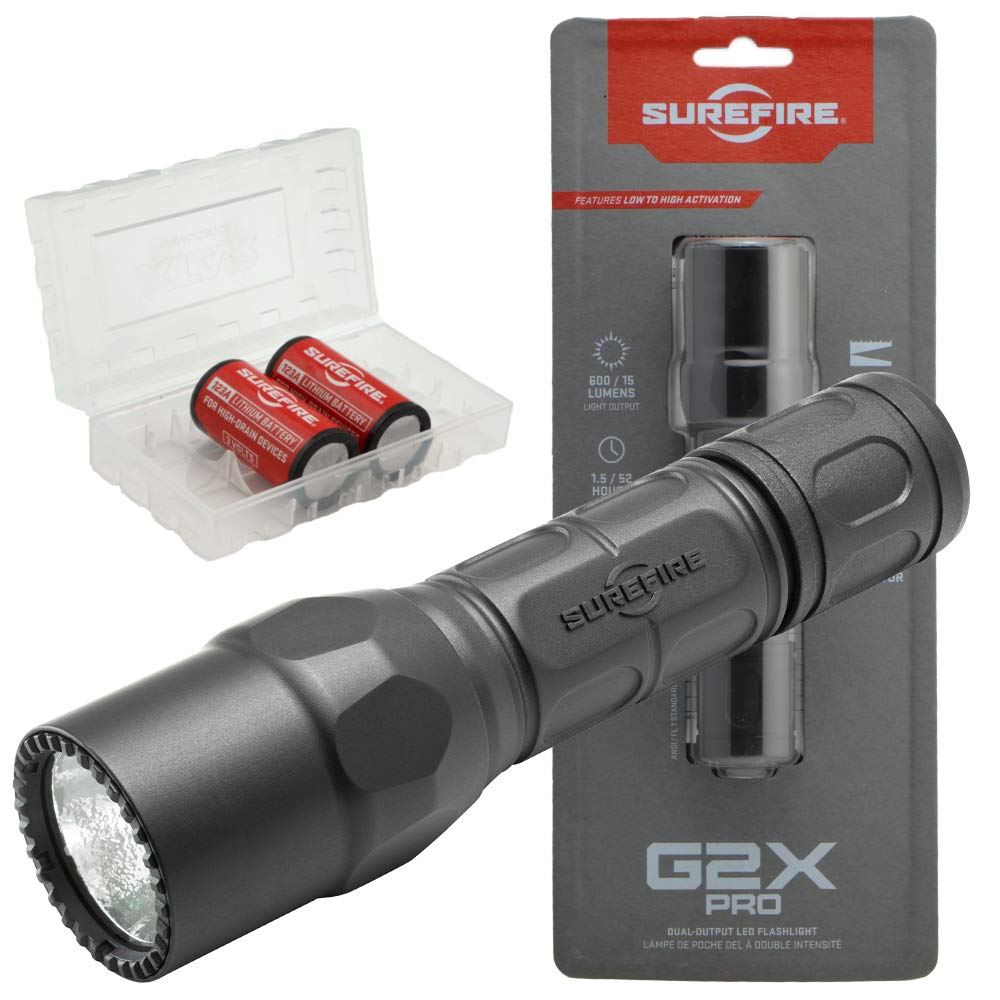 SureFire G2X Pro 600 Lumen Tactical Flashlight - EDC LED Torch with 2 Extra CR123A Batteries & Battery Case (Black) | Perfect for Camping, Hiking, Emergency Preparedness & Tactical Use