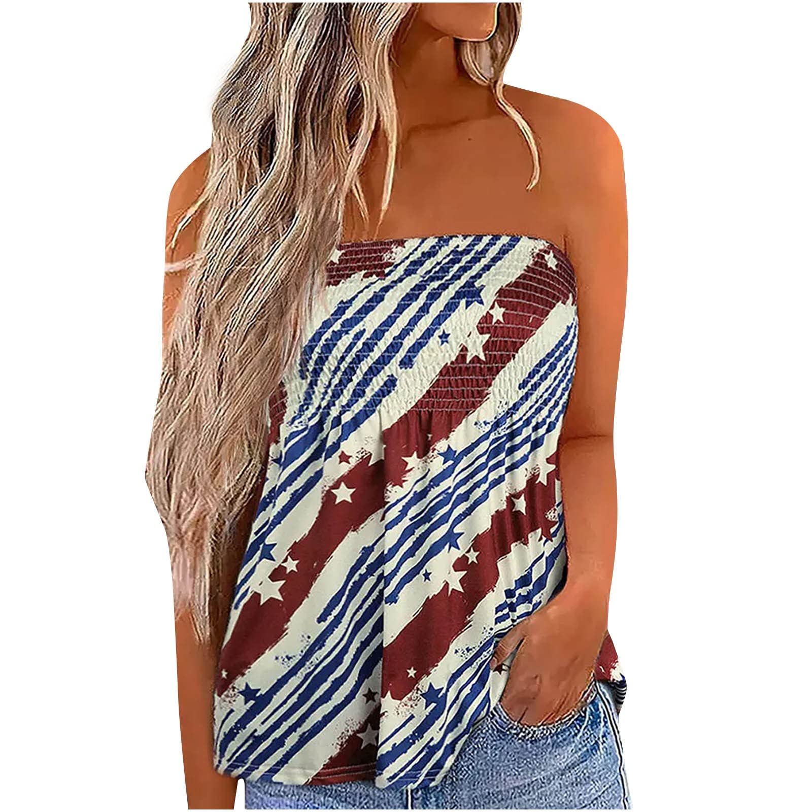 Women's Patriotic Tube Top - Peplum Smocked Strapless Shirt for Summer | Trendy American Flag 4th of July T-Shirt | Perfect for Beach, BBQ & Independence Day Celebrations