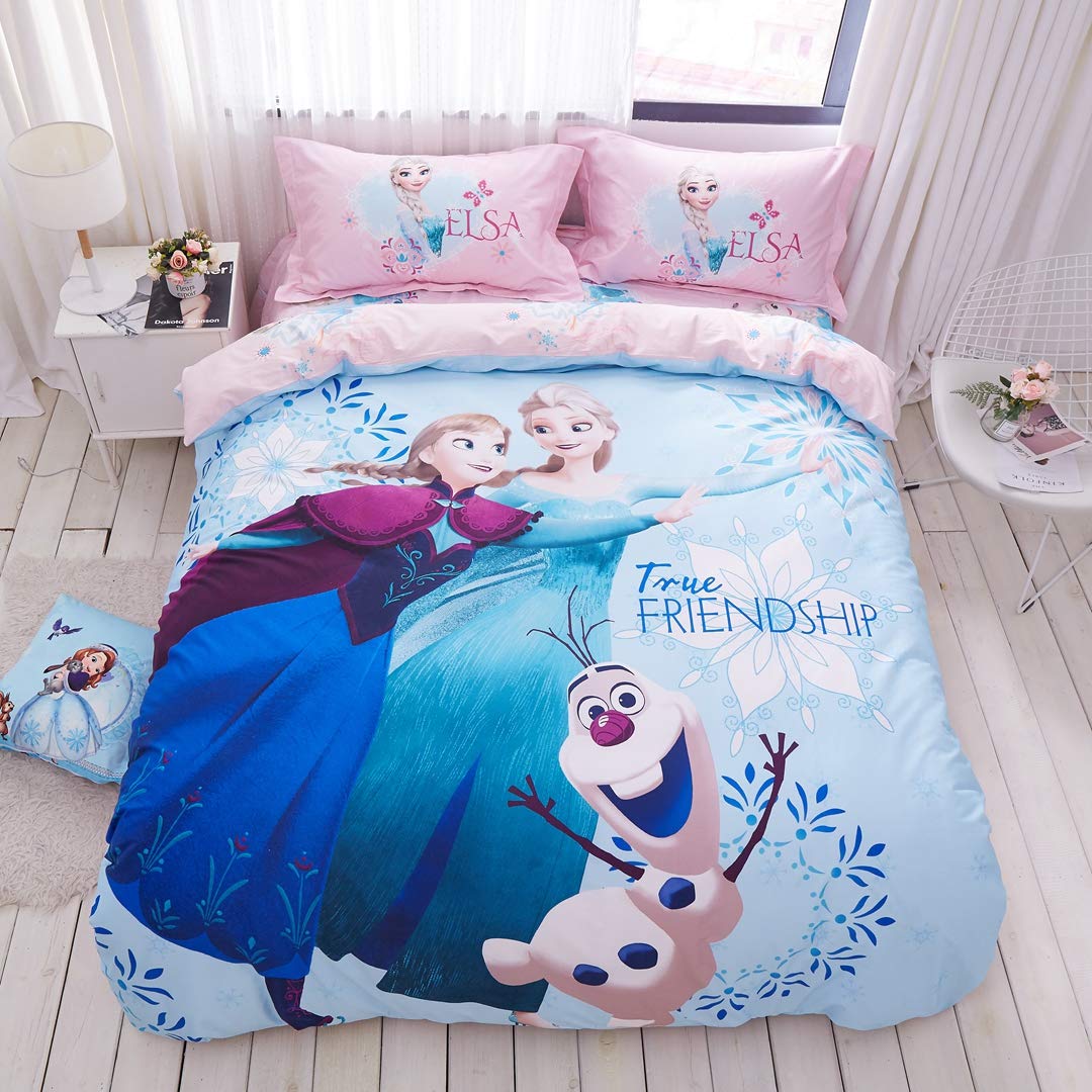 100% Cotton Frozen Elsa & Anna Princess Kids Bedding Set - 4 Piece Full Size Duvet Cover, Pillowcases & Fitted Sheet for Girls | Soft Blue Disney Themed Bedroom Decor | Perfect for Birthday Gifts & Kids Room Makeover