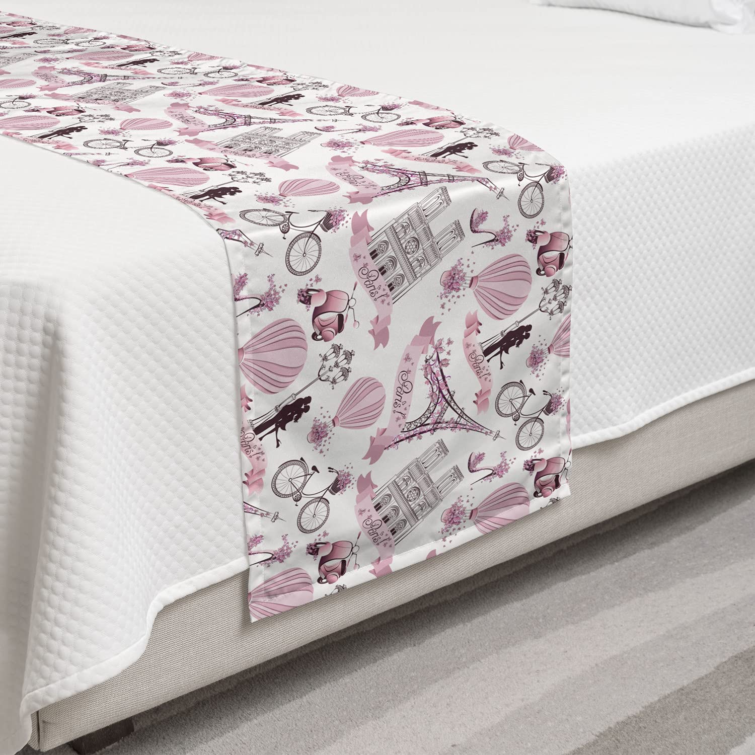 Ambesonne Paris Themed Eiffel Tower Bed Runner - Romantic Honeymoon Floral Design with Hot Air Balloons & Bicycles | Decorative Bed Scarf for Twin Beds in Pale Pink & White | Perfect for Hotels, Homes & Guest Rooms | Adds Elegance to Bedroom Decor